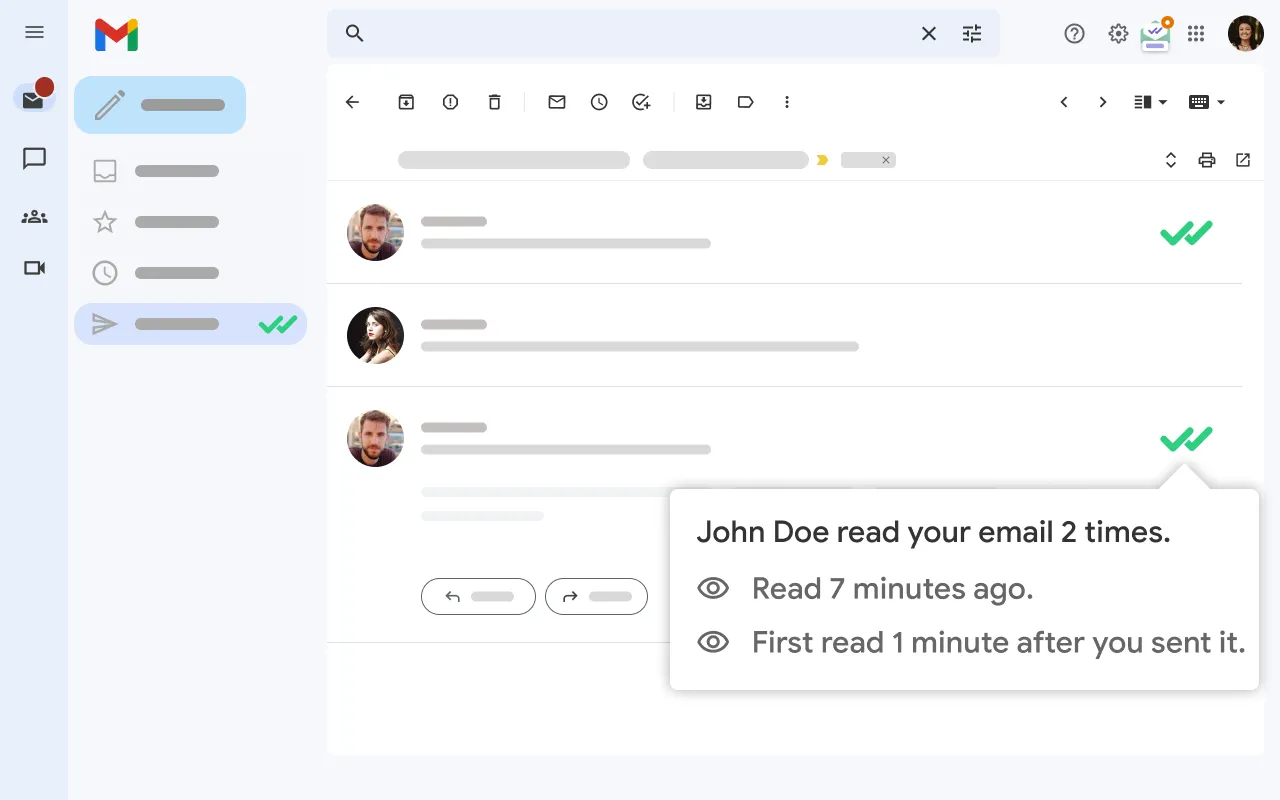 Tiện ích Mailtrack hiển thị trong giao diện Gmail, với biểu tượng dấu tích xanh cho biết email đã được người nhận đọc, cung cấp thông tin theo dõi đáng tin cậy.