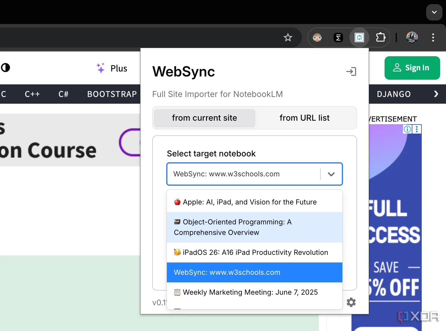 Tiện ích mở rộng WebSync hiển thị danh sách các NotebookLM notebook, giúp quản lý nguồn dễ dàng