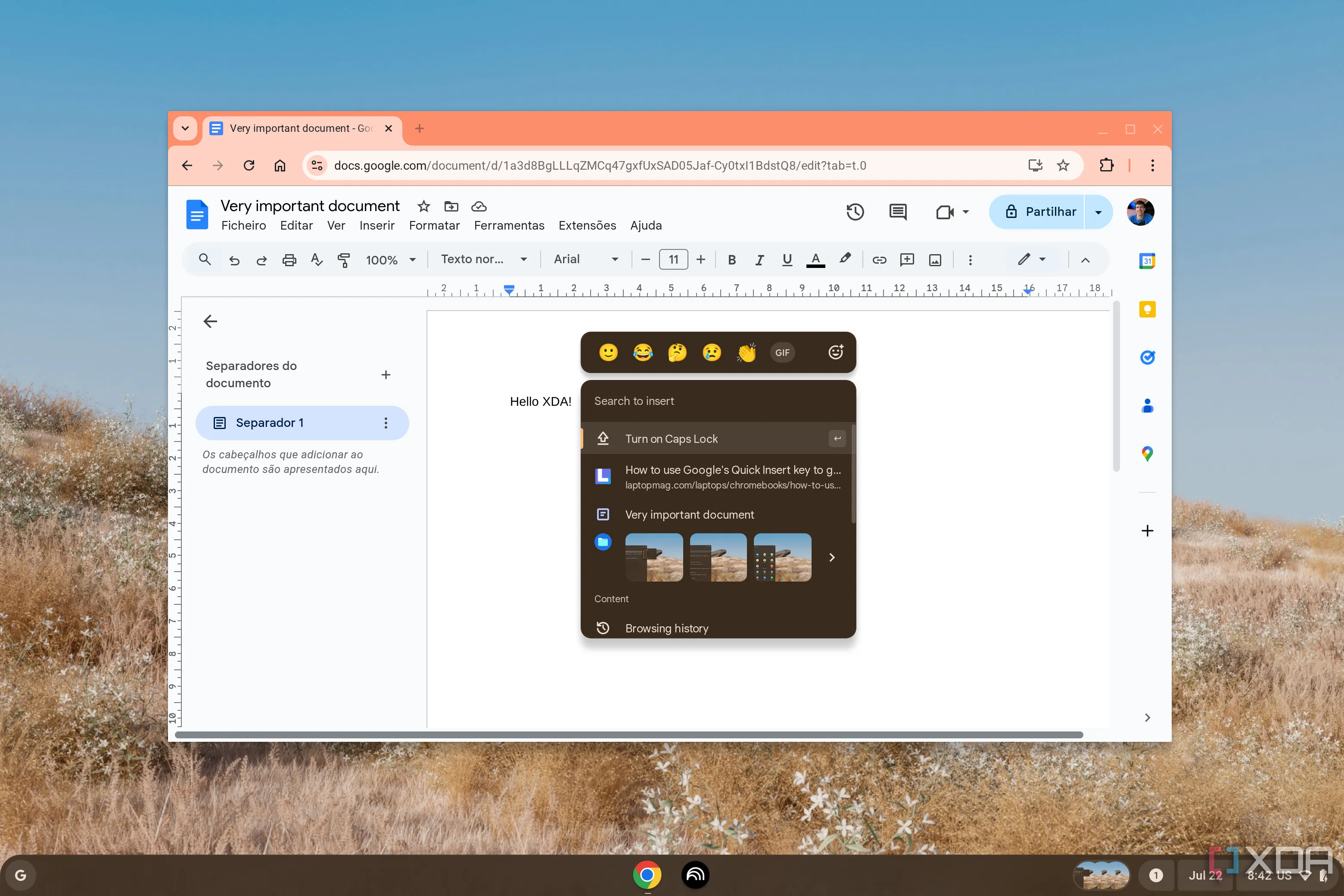 Tính năng Quick Insert của ChromeOS đang hoạt động trong bản nháp Google Docs