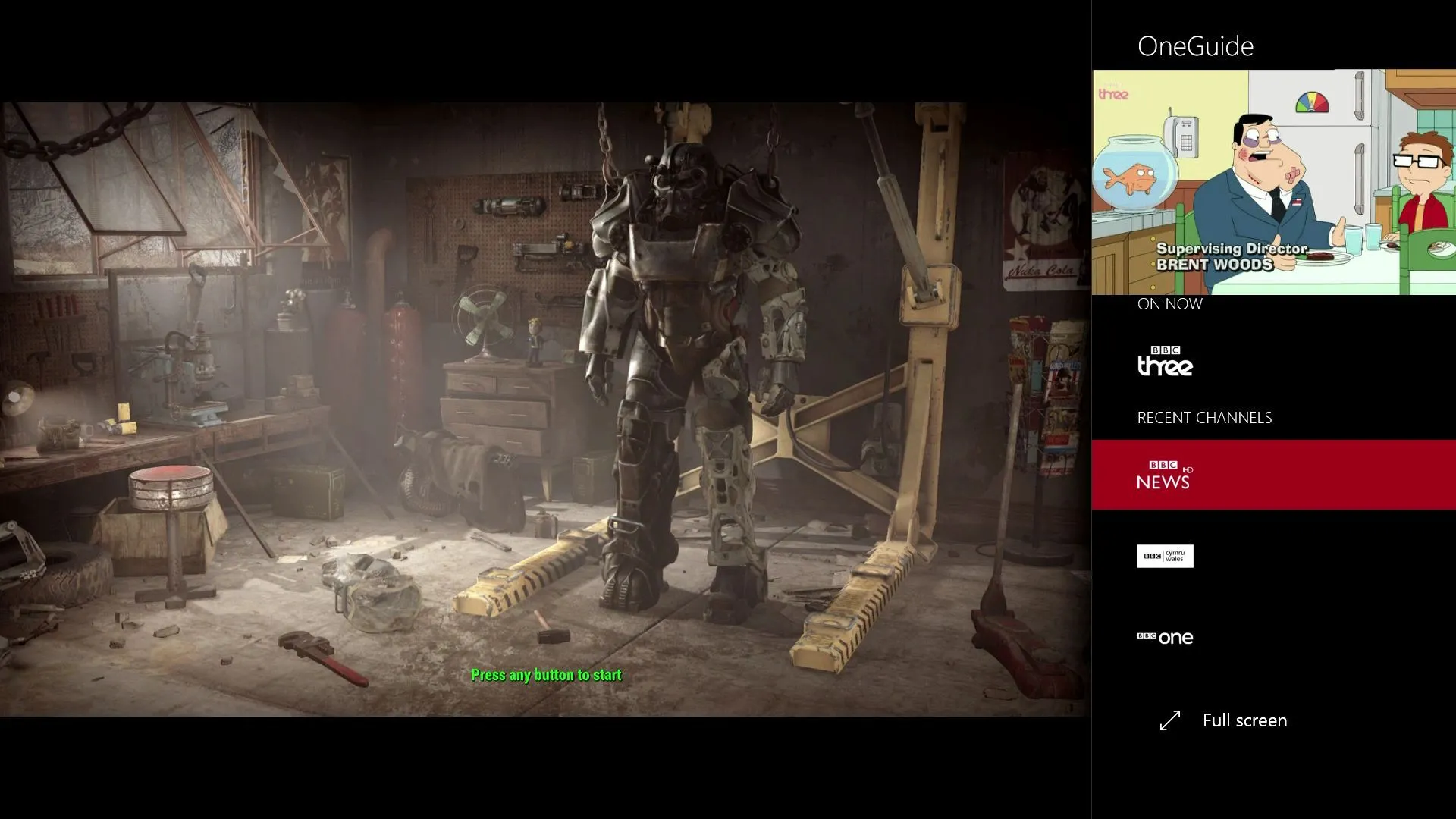 Tính năng Snap trên Xbox One hiển thị game Fallout 4 và ứng dụng truyền hình, cho phép đa nhiệm trên console.