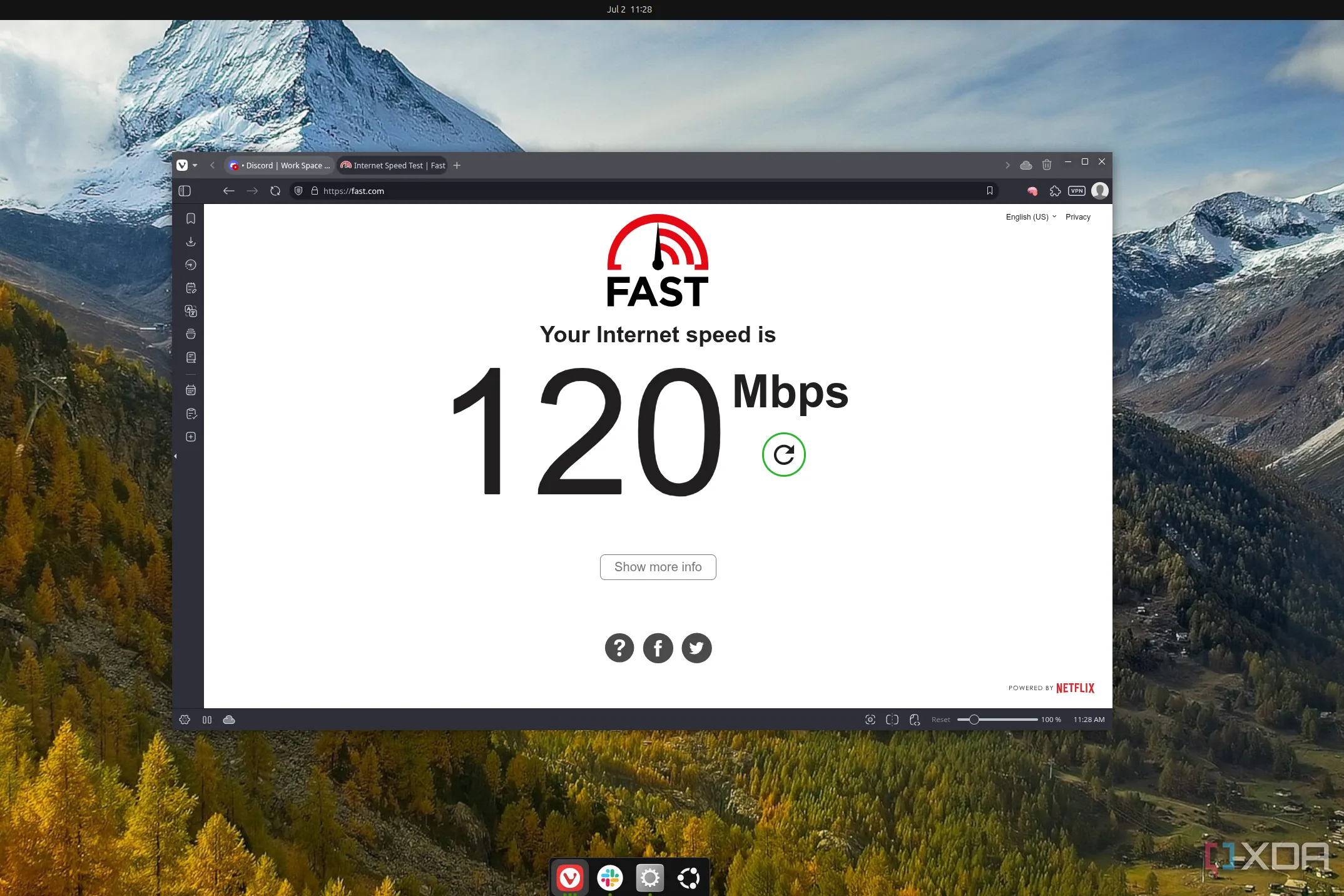 Tốc độ Internet trên Ubuntu của Geekom IT15 qua Fast.com, hiển thị 120Mbps.