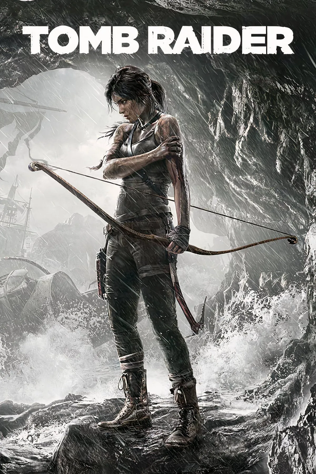 Tổng hợp hình ảnh từ game Tomb Raider (2013) với Lara Croft trong trang phục sinh tồn.