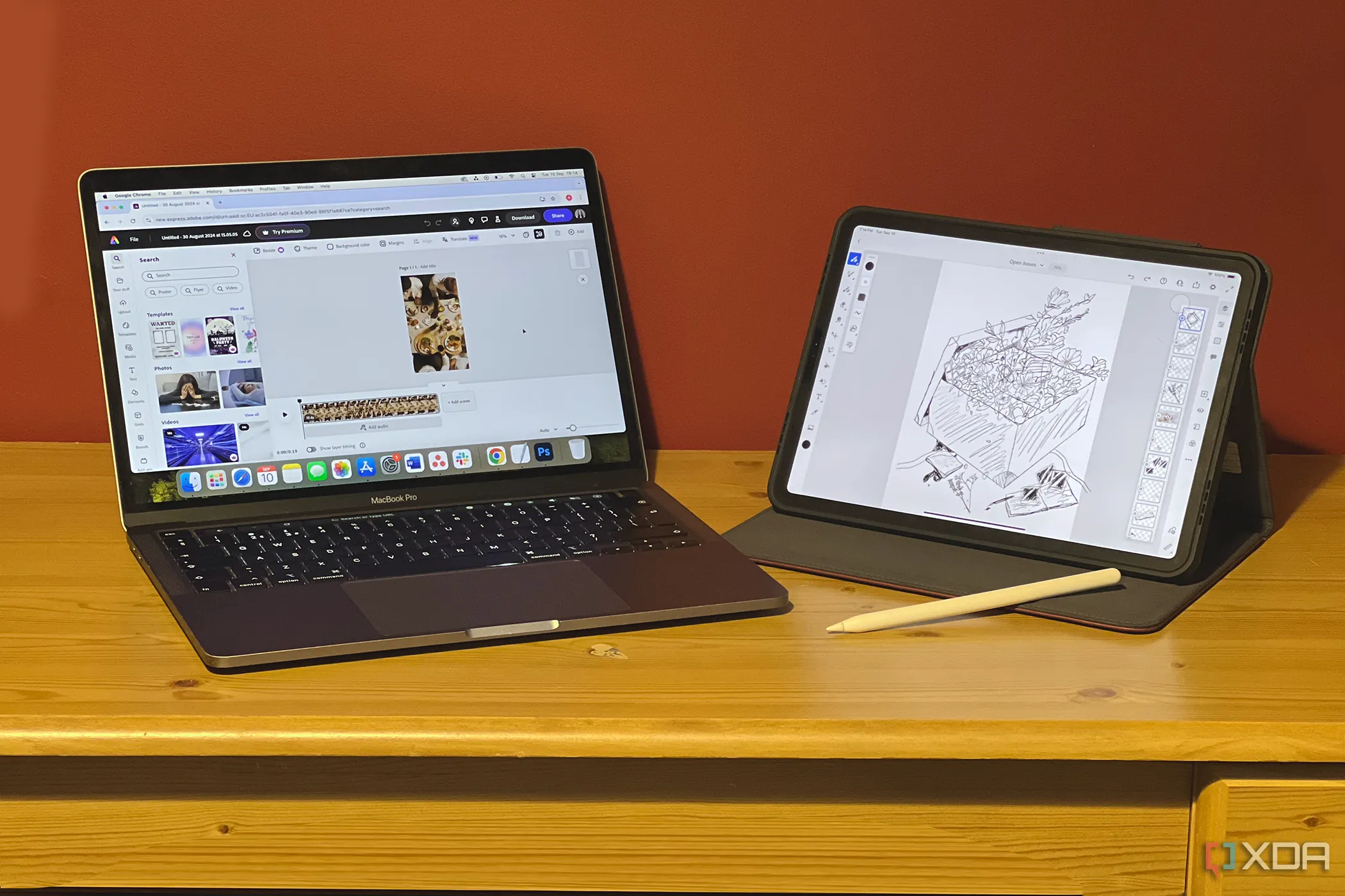Trải nghiệm Adobe Express trên MacBook và Adobe Fresco trên iPad, minh họa thư viện tài nguyên