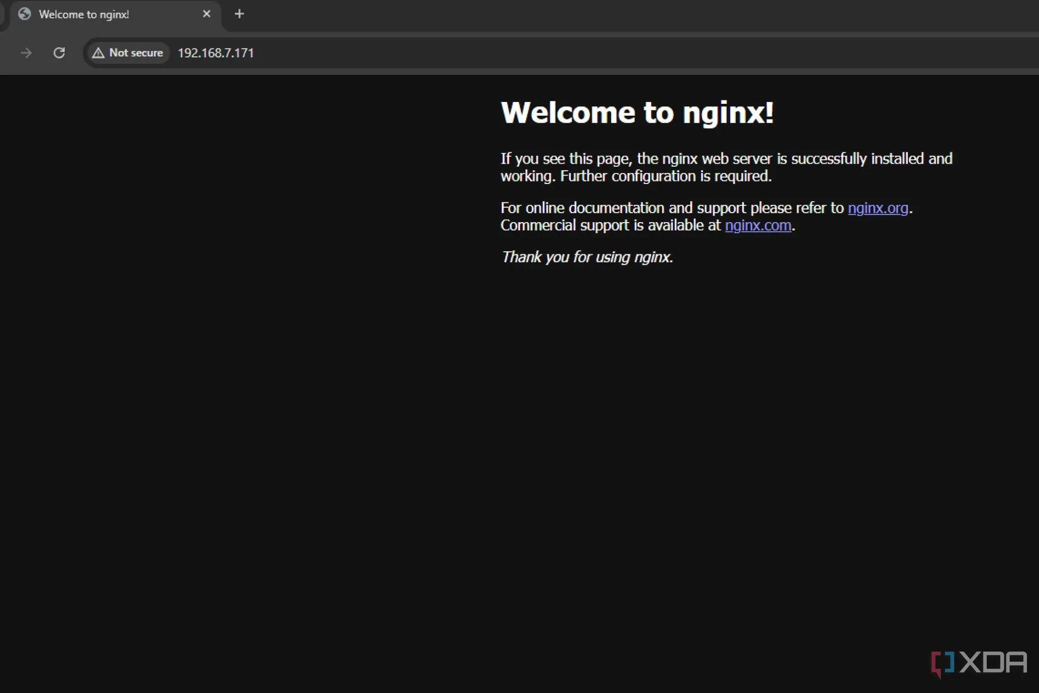 Trang chào mừng của Nginx hiển thị trên trình duyệt web, xác nhận cài đặt thành công