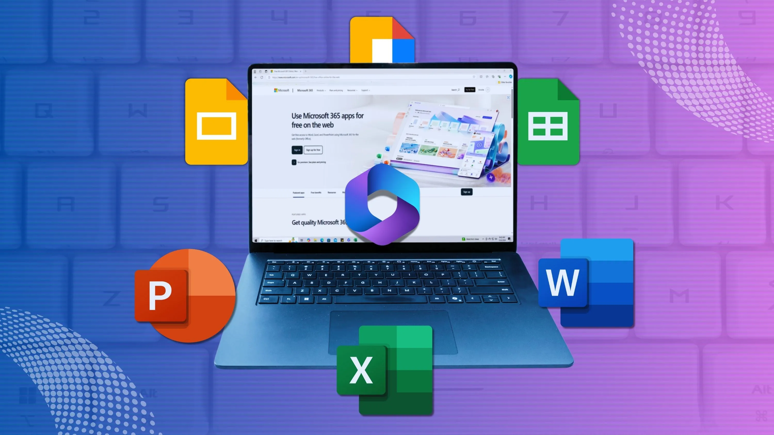 Trang chủ Microsoft 365 trên laptop với biểu tượng ứng dụng Office và Google Docs.