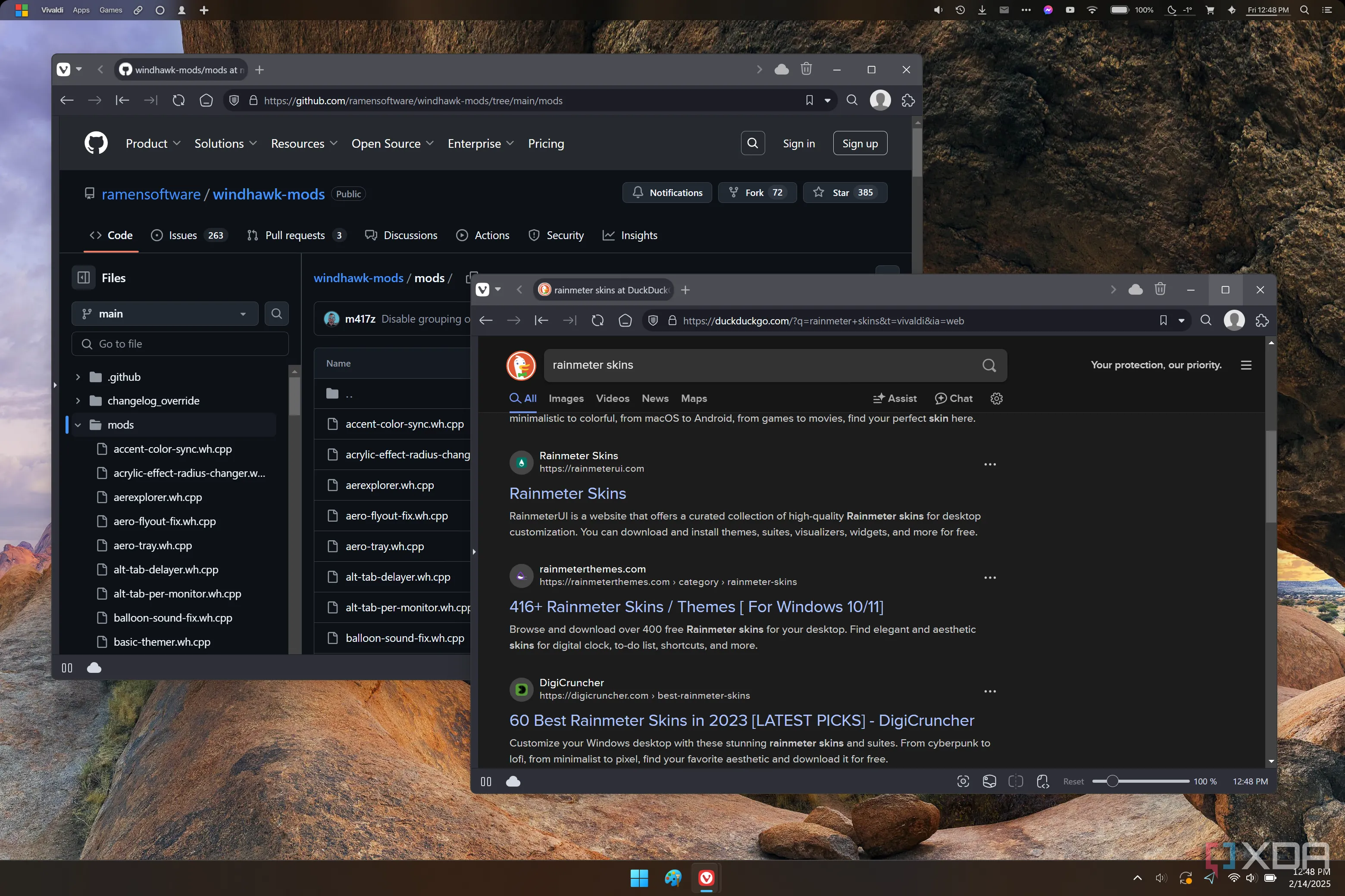 Trang GitHub của Windhawk Mods và kết quả tìm kiếm Rainmeter Skins