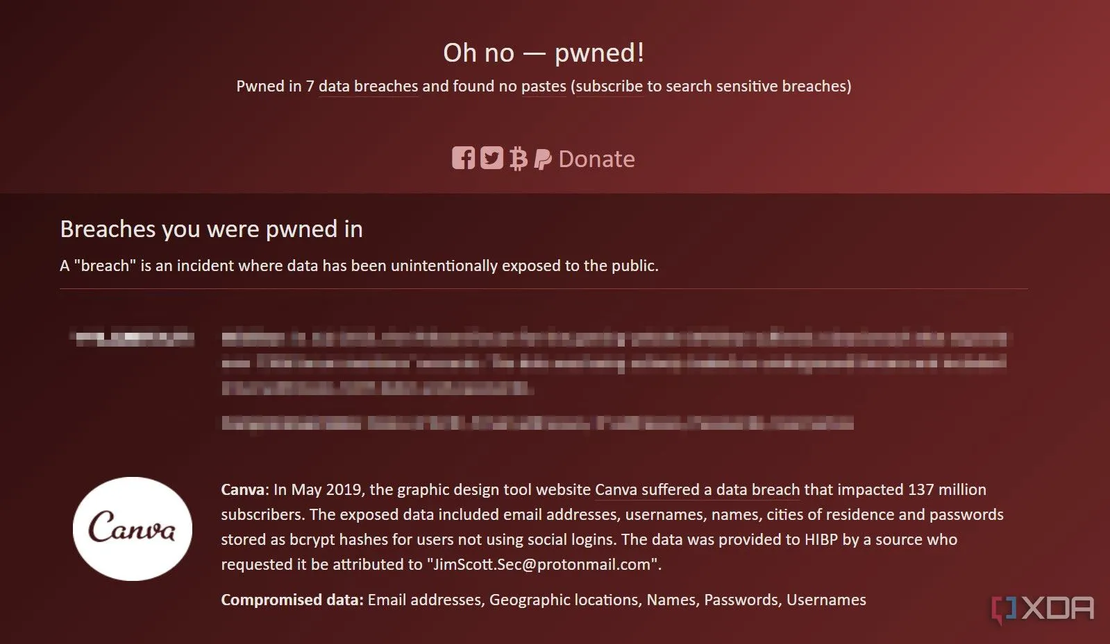 Trang haveibeenpwned.com hiển thị thông tin về sự cố rò rỉ dữ liệu Canva năm 2019, minh họa rủi ro bảo mật của ứng dụng web
