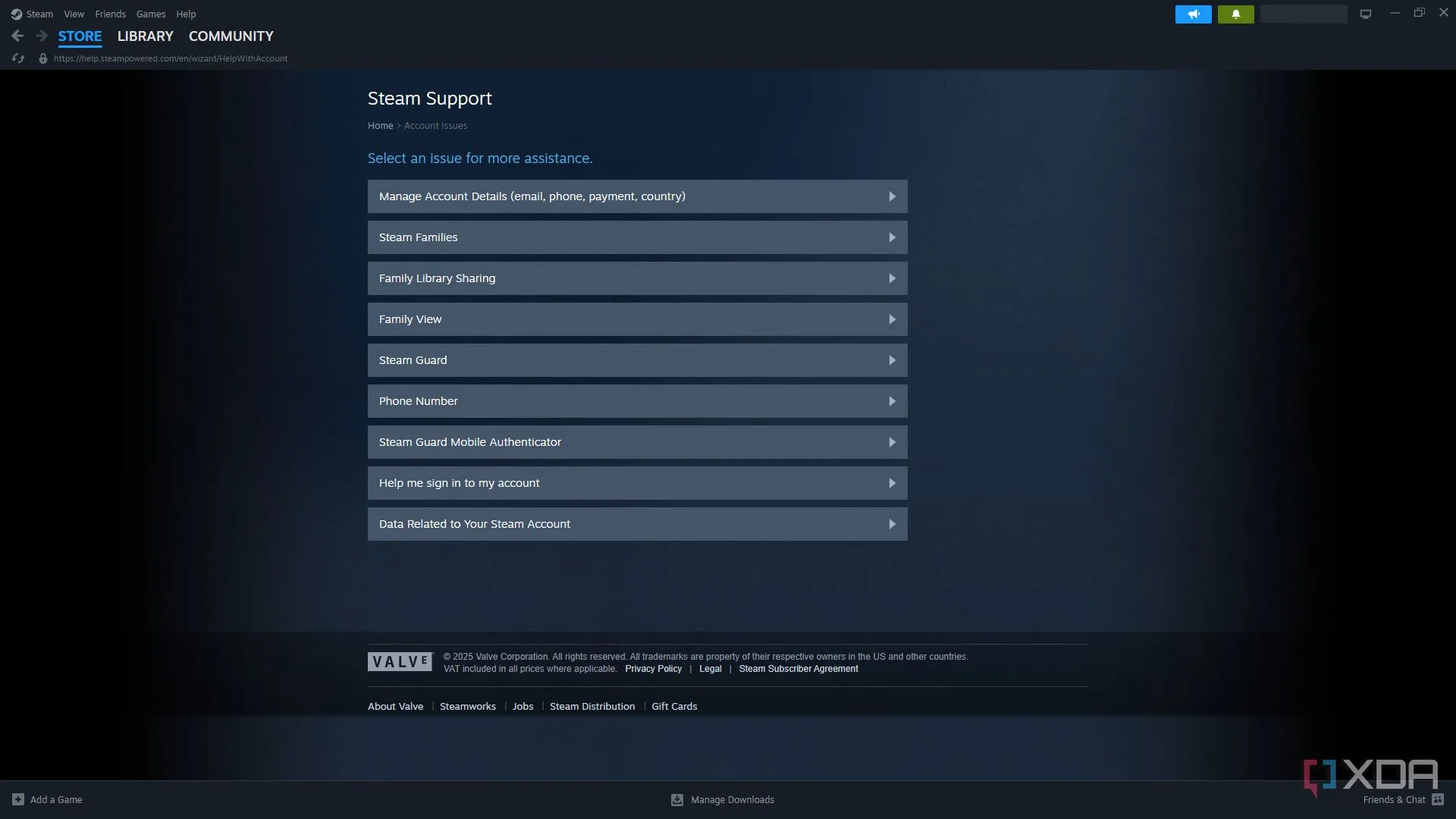 Trang hỗ trợ khách hàng của Steam trong ứng dụng, hiển thị các tùy chọn trợ giúp khác nhau cho người dùng, chứng minh sự đa dạng và tiện lợi trong dịch vụ hỗ trợ của Steam.