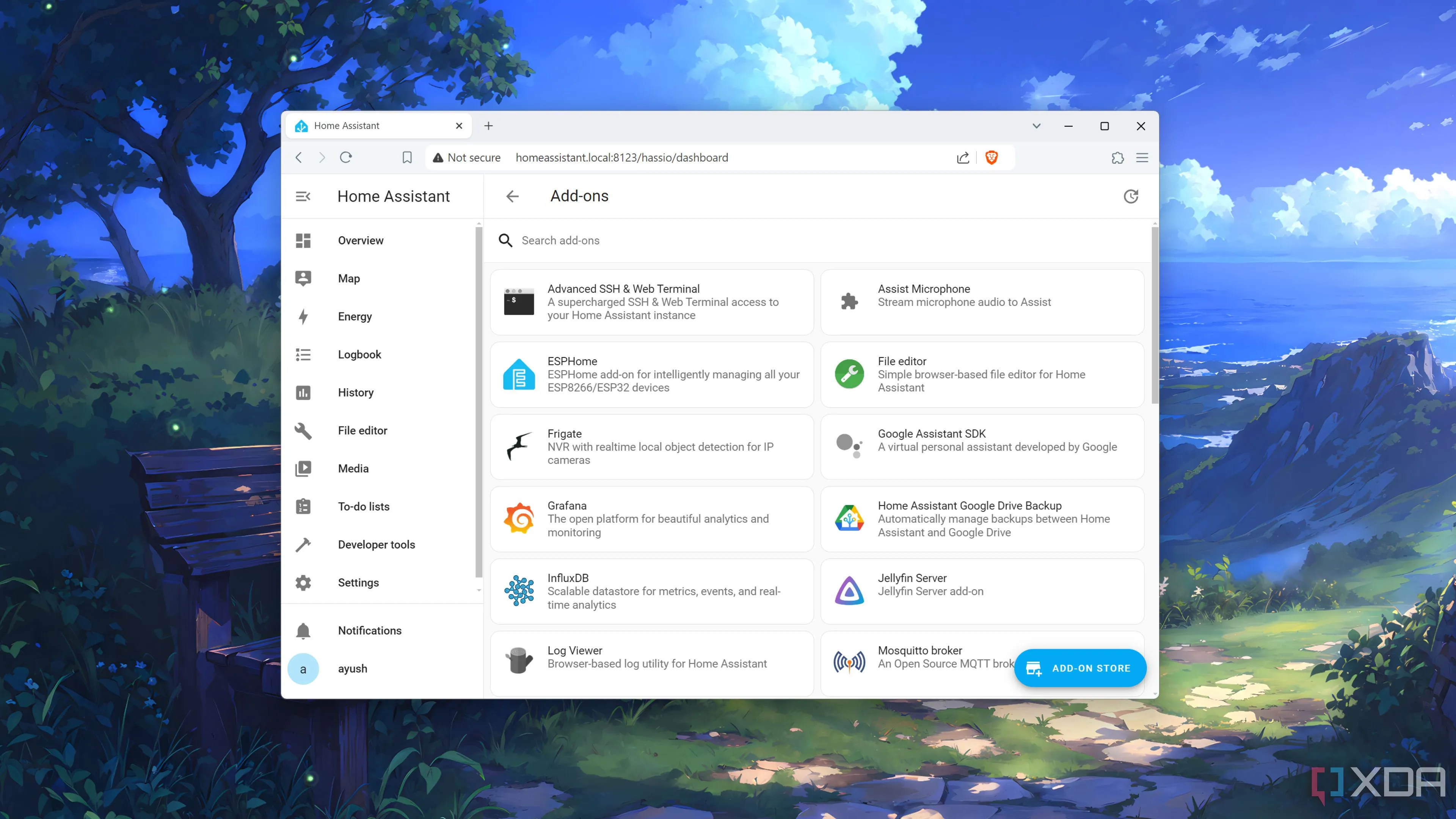 Trang quản lý các tiện ích bổ sung (add-ons) trong giao diện Home Assistant, minh họa khả năng mở rộng của hệ thống nhà thông minh.