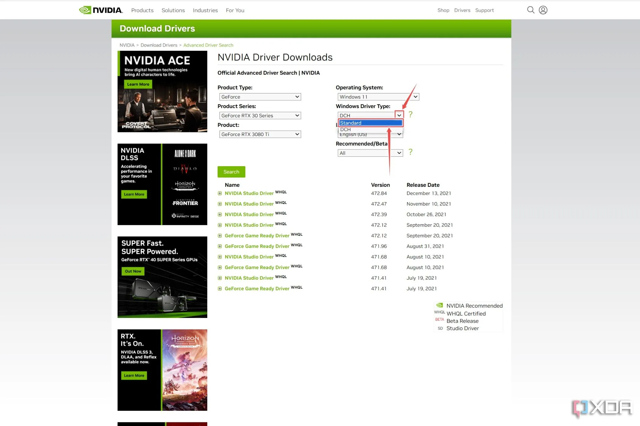 Trang tải driver Nvidia với driver Standard được đánh dấu, minh họa việc cập nhật driver card đồ họa.