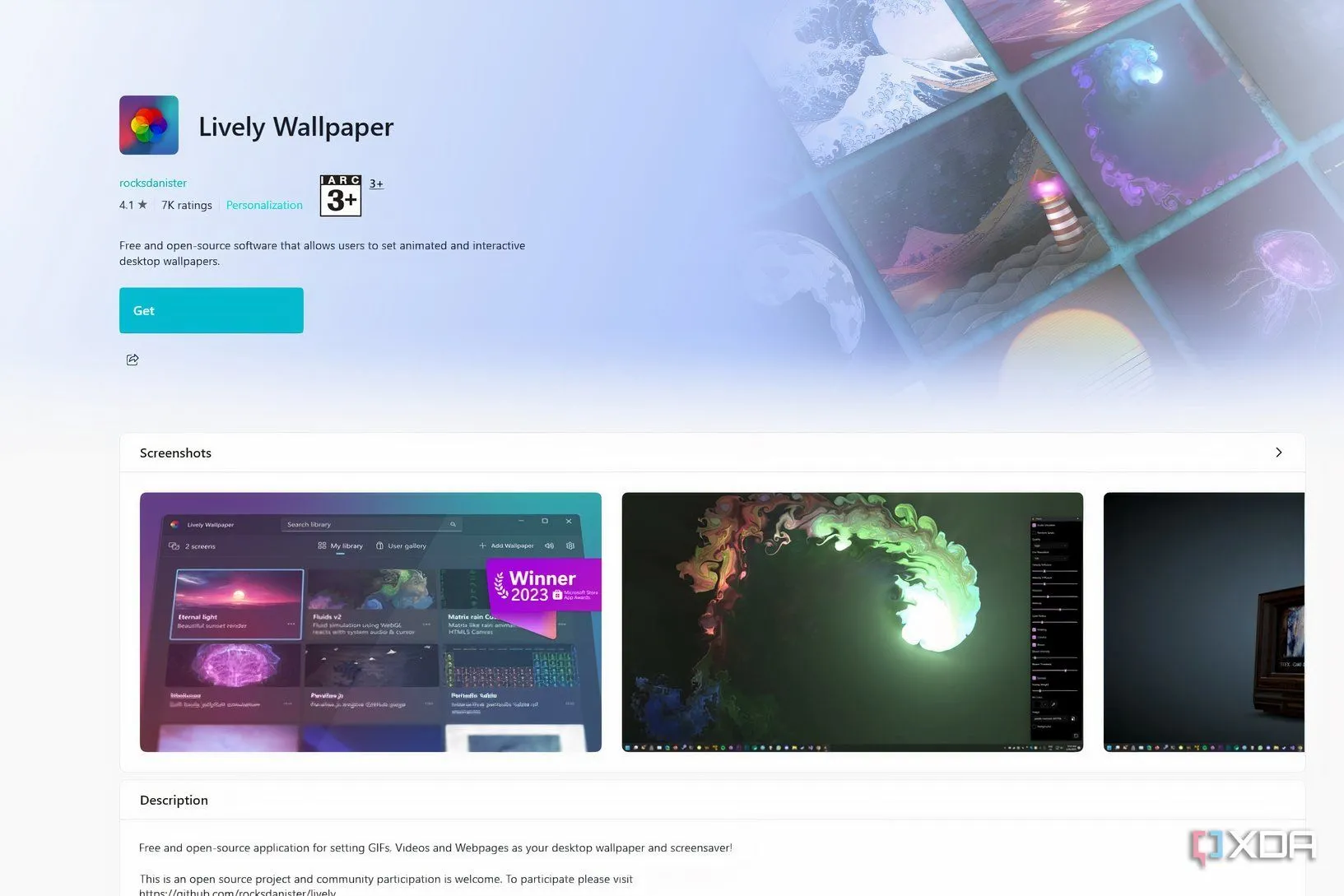 Trang tải Lively Wallpaper trên Microsoft Store, minh họa ứng dụng miễn phí