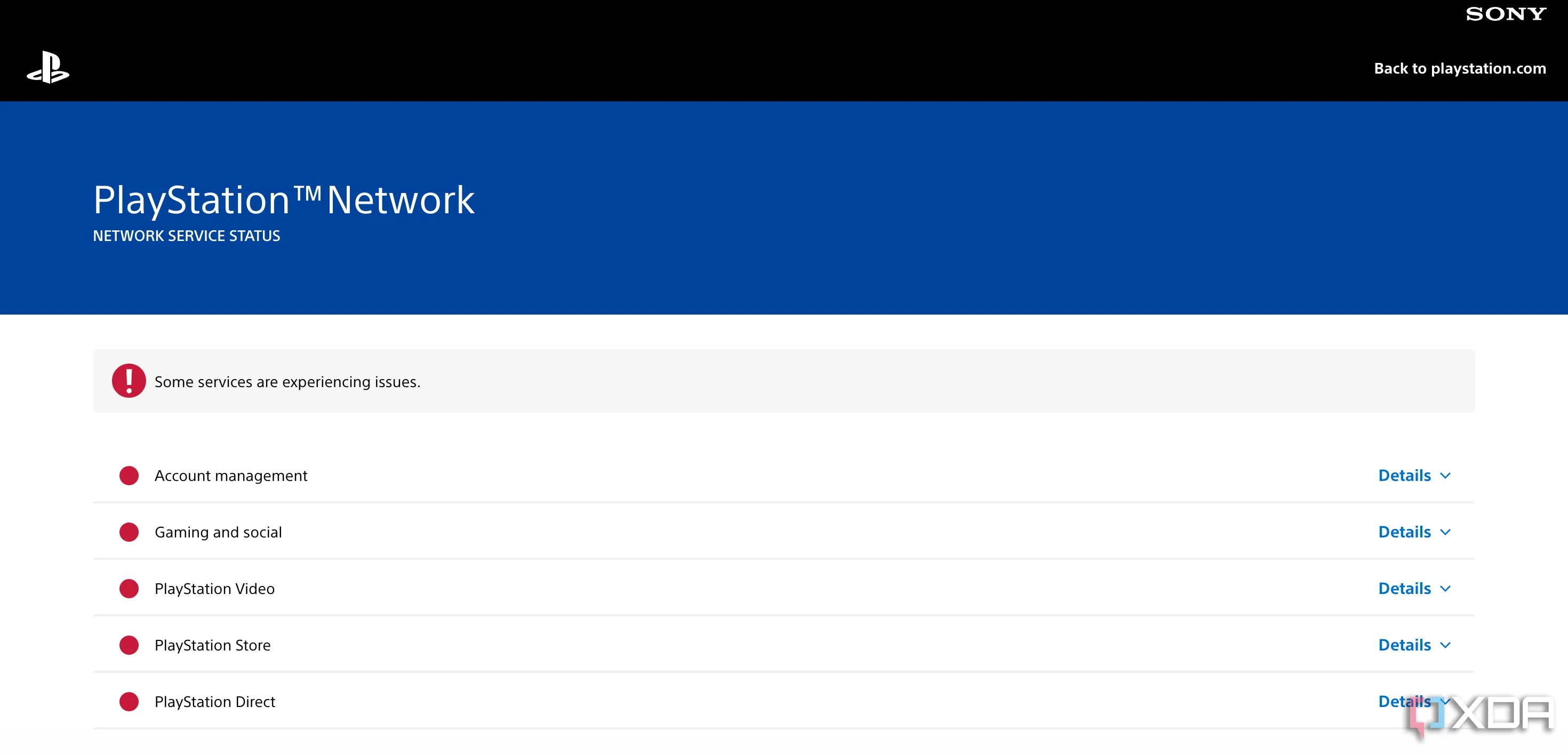 Trạng thái dịch vụ PlayStation Network hiển thị tất cả các dịch vụ đang gặp sự cố