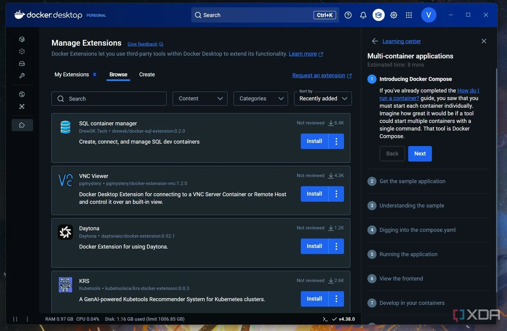 Trang tiện ích mở rộng (Extensions) của Docker Desktop, hỗ trợ quản lý ứng dụng dễ dàng