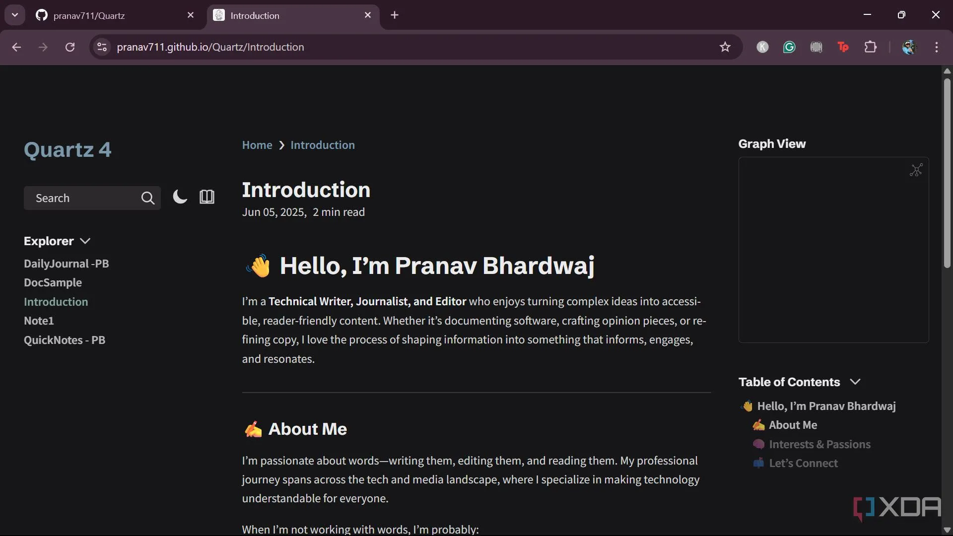 Trang web được triển khai thành công trên GitHub Pages, hiển thị giao diện của website Obsidian sau khi sử dụng Quartz.