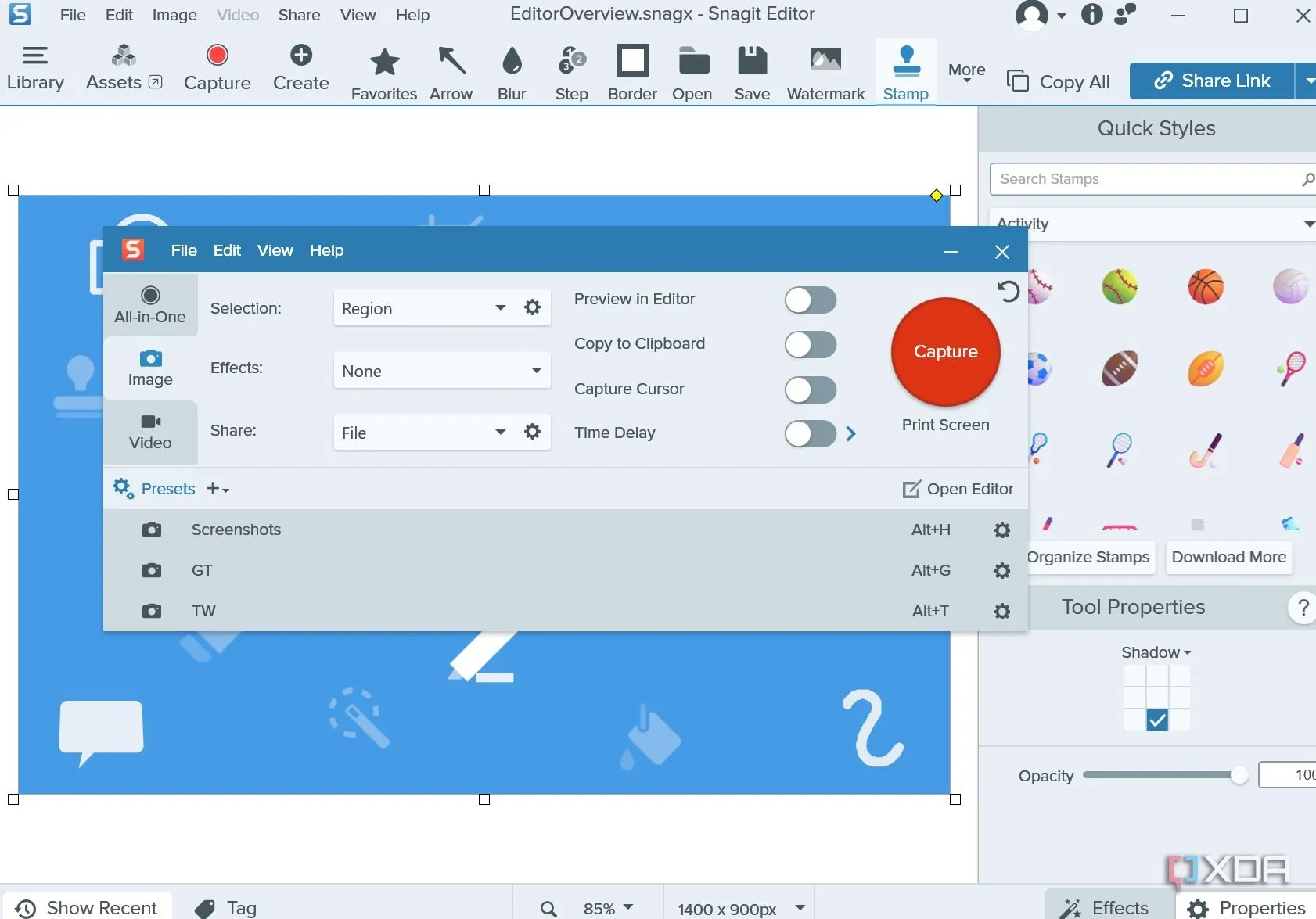 Trình chỉnh sửa Snagit với các tùy chọn chụp cuộn và ghi màn hình