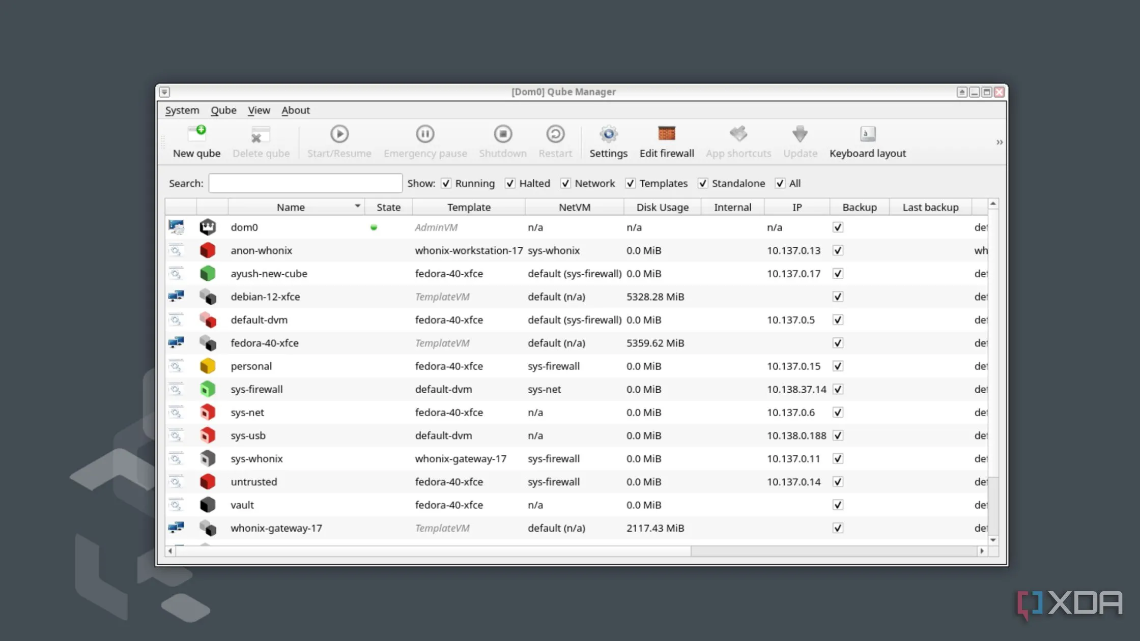 Trình quản lý Qube trong Qubes OS hiển thị danh sách các máy ảo