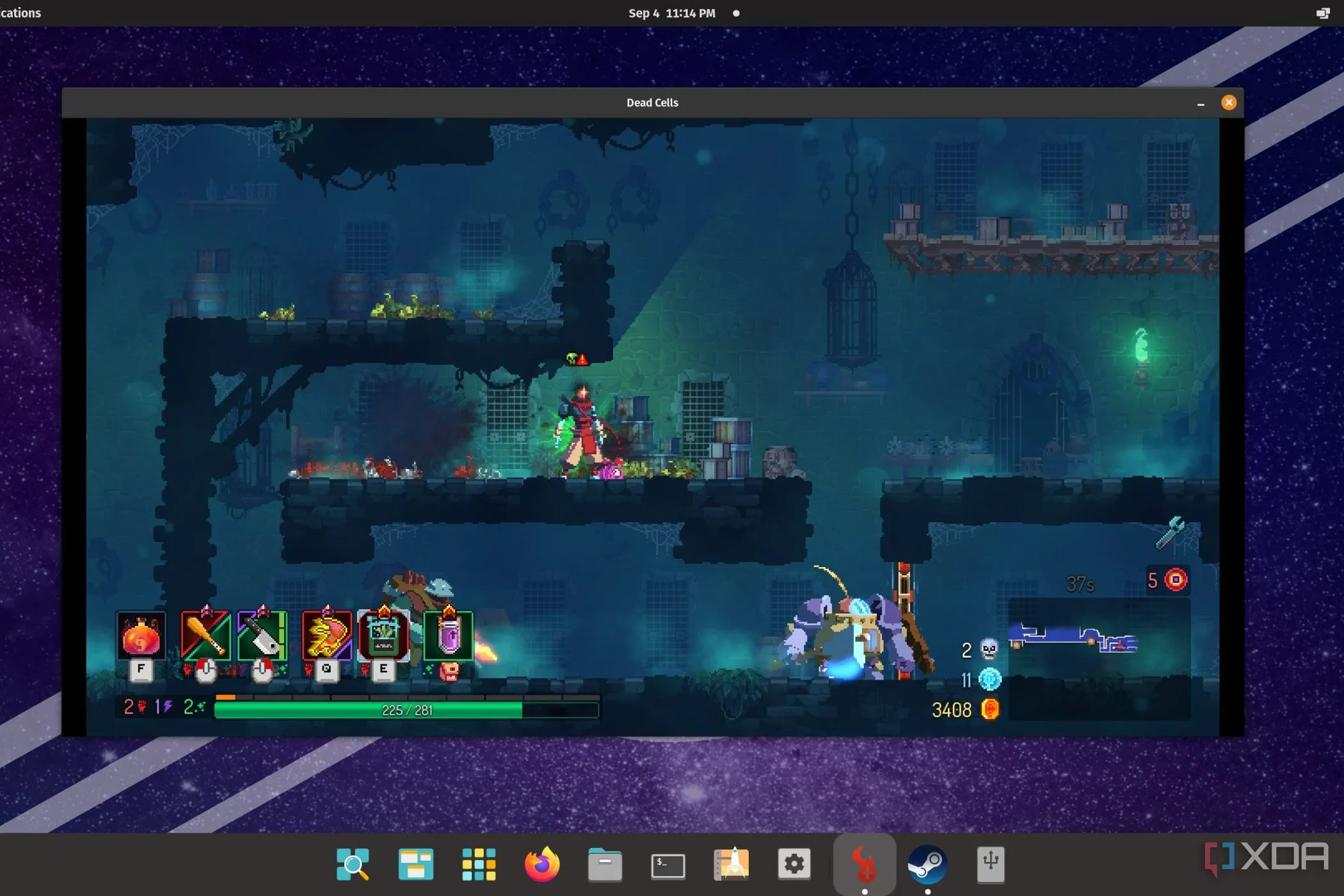 Trò chơi Dead Cells đang chạy mượt mà trên hệ điều hành Pop!_OS, minh họa khả năng gaming của Linux