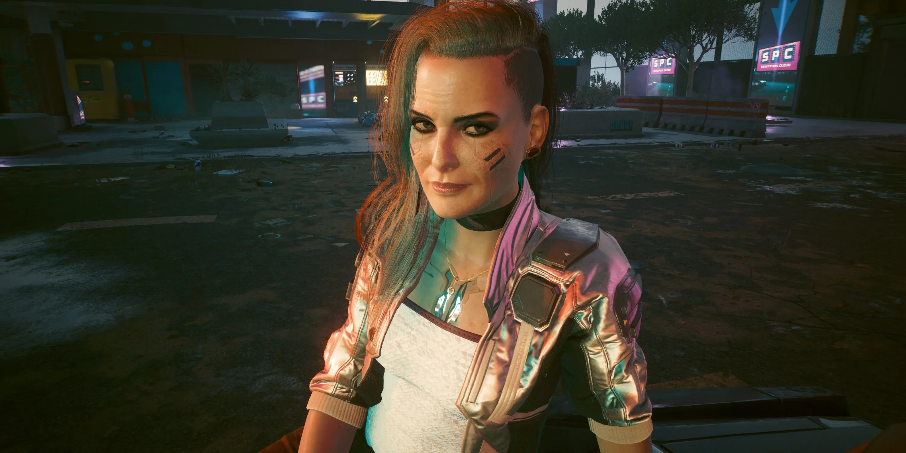 Tương tác nhân vật V với Rogue trong Cyberpunk 2077, thể hiện chiều sâu cốt truyện