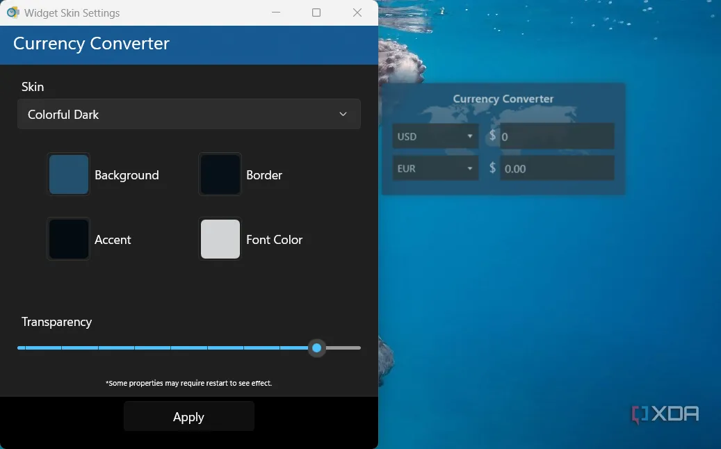 Tùy chỉnh giao diện và màu sắc của widget trong Widget Launcher trên desktop Windows