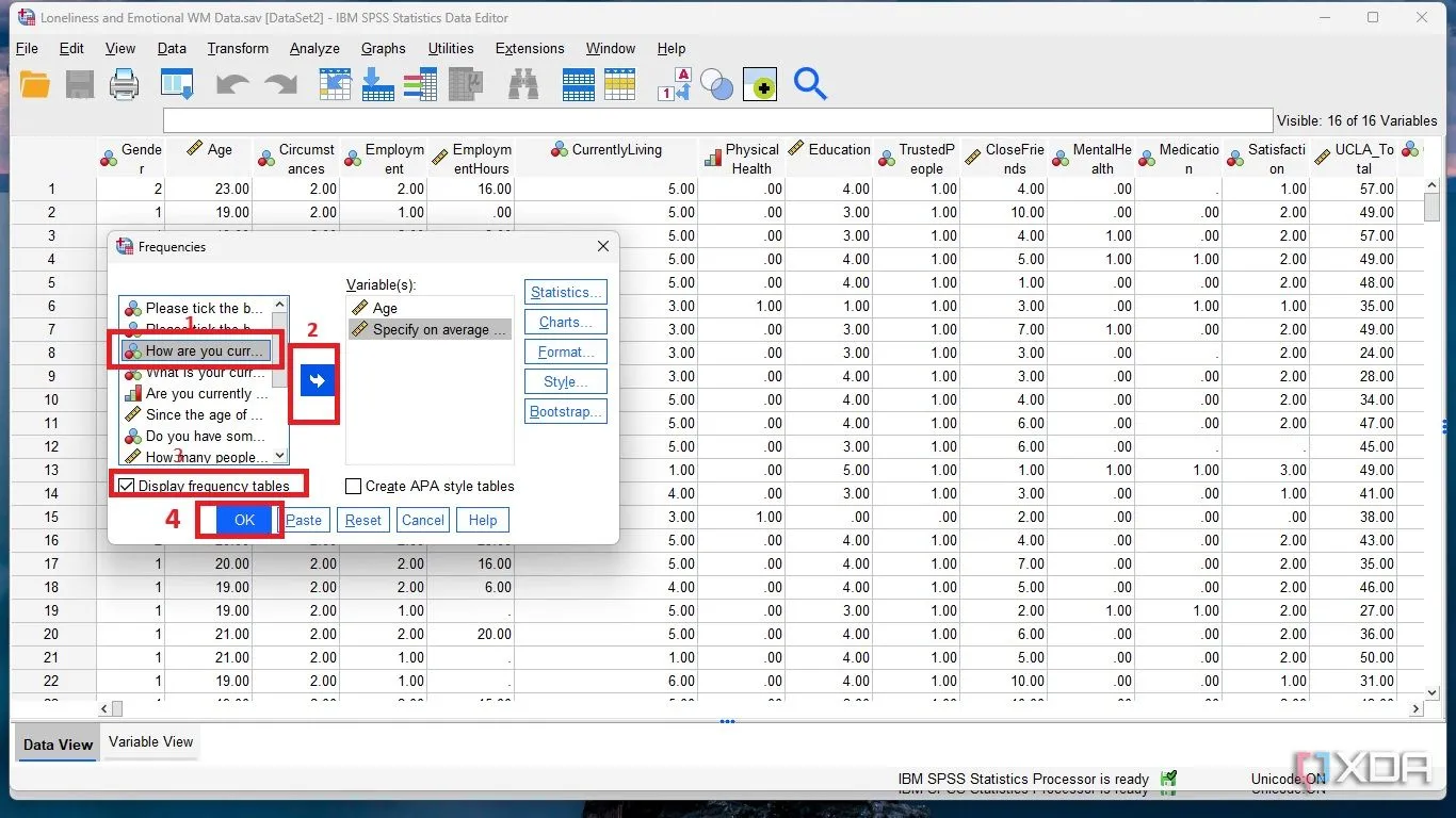 Tùy chọn biến để tạo bảng tần số (Frequency Table) trong SPSS