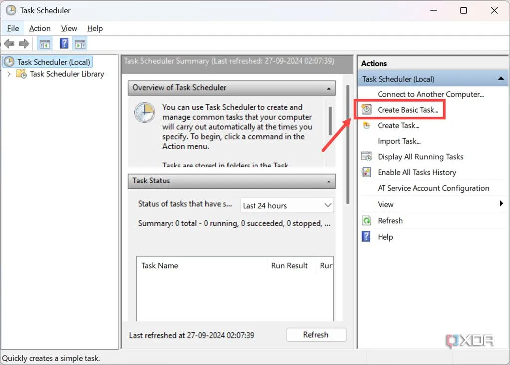 Tùy chọn &quot;Create Basic Task&quot; trong giao diện Task Scheduler