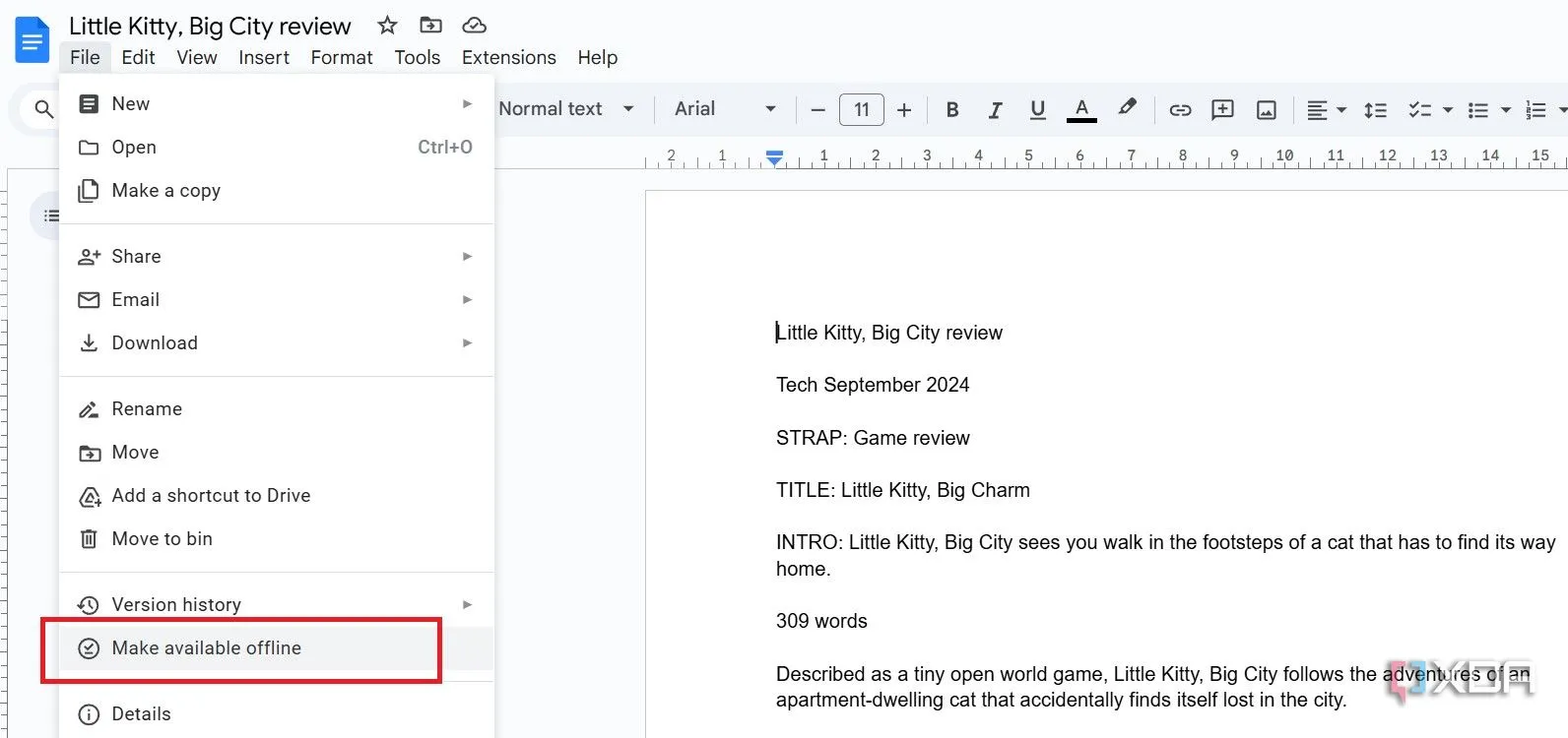 Tùy chọn &quot;Make available offline&quot; trong Google Docs, giúp làm việc ngoại tuyến khi không có kết nối internet