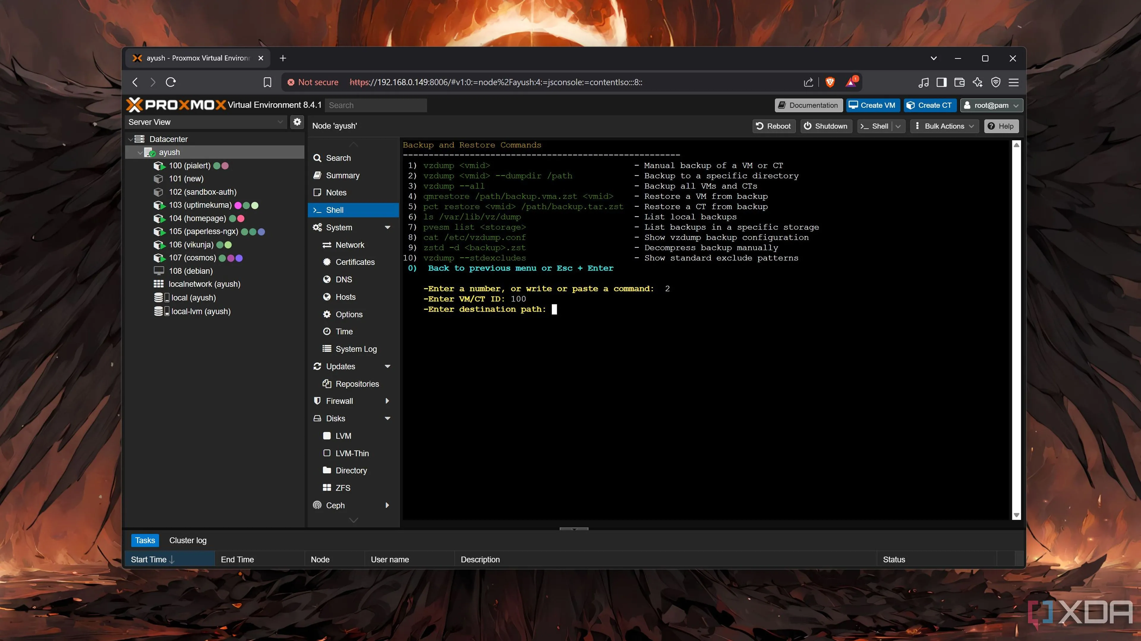 Tùy chọn sao lưu (backup) trong giao diện menu của ProxMenux
