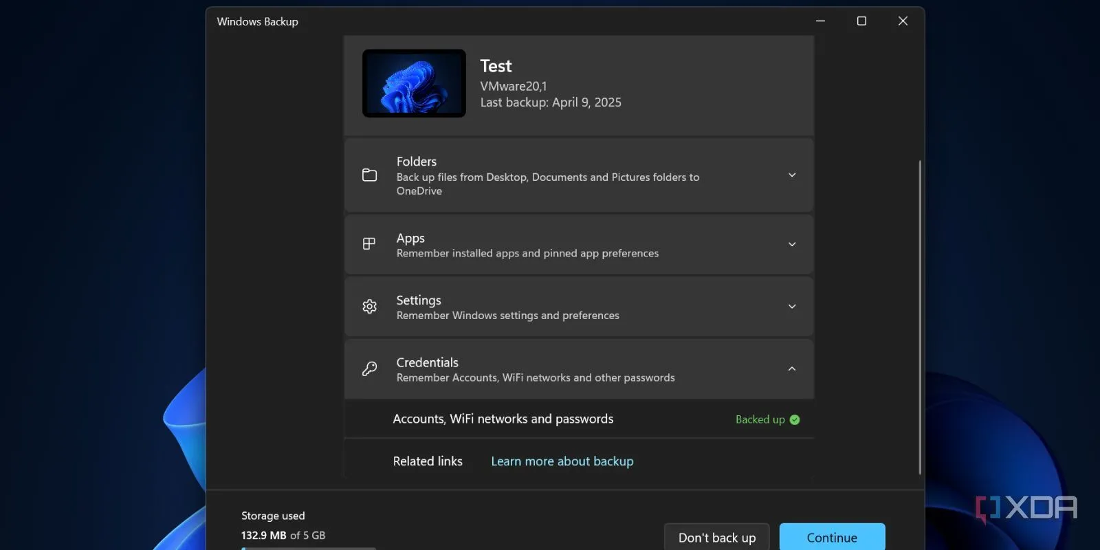 Tùy chọn sao lưu thông tin đăng nhập trong Windows Backup giúp người dùng không cần nhớ nhiều mật khẩu