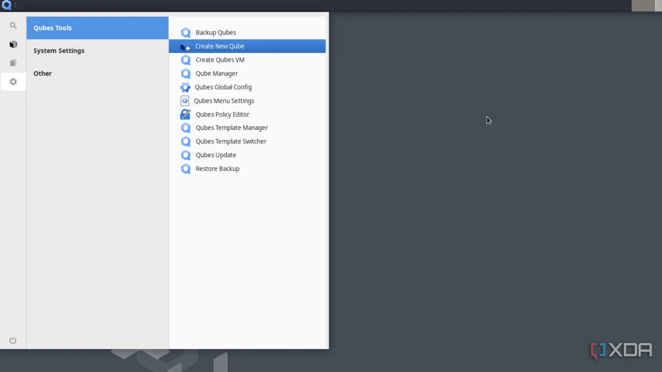 Tùy chọn 'Tạo Qube Mới' trong Qubes OS để thiết lập môi trường ảo hóa