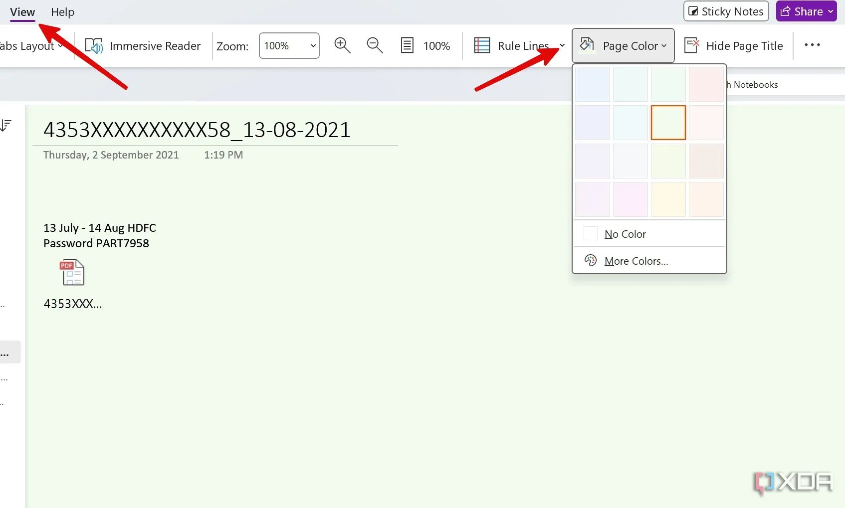 Tùy chọn thay đổi màu nền trang trong OneNote thông qua menu View
