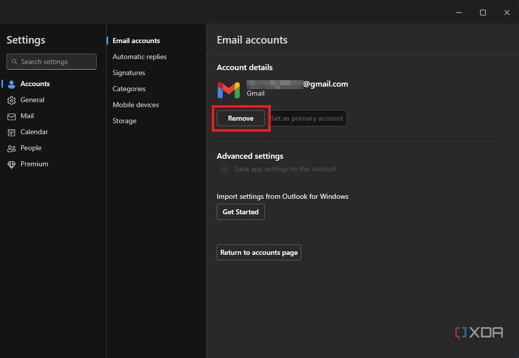 Tùy chọn &quot;Xóa&quot; tài khoản trong ứng dụng Outlook dành cho Windows