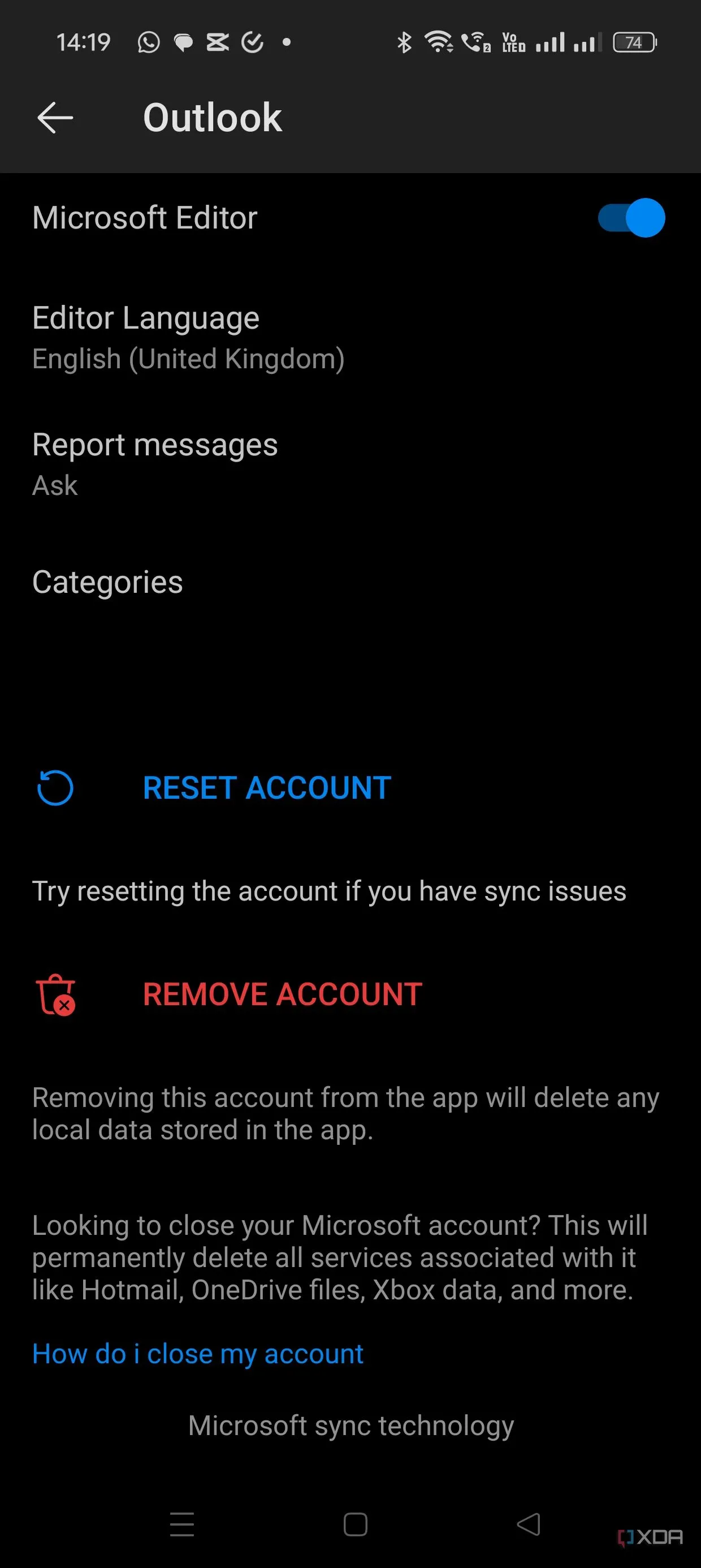Tùy chọn &quot;Xóa Tài khoản&quot; trong ứng dụng Outlook di động