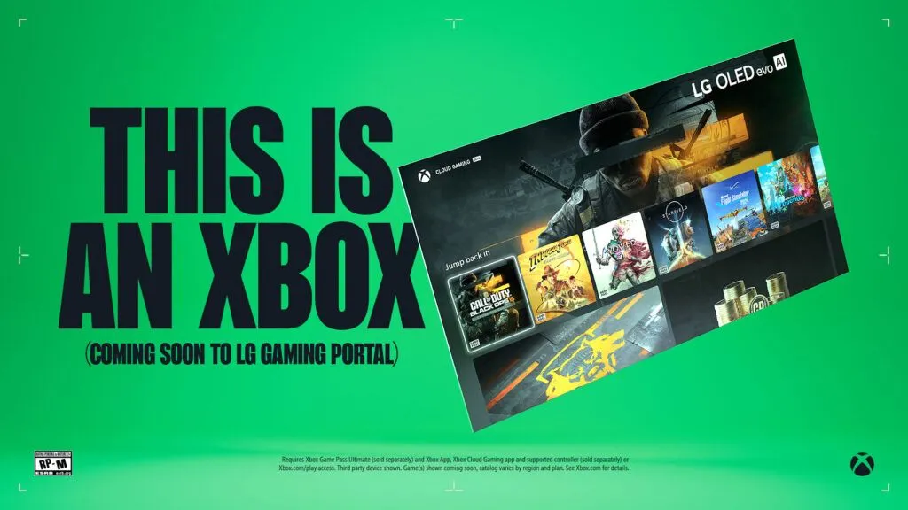 TV LG Smart hiển thị giao diện Xbox Cloud Gaming, biểu tượng Xbox trên màn hình