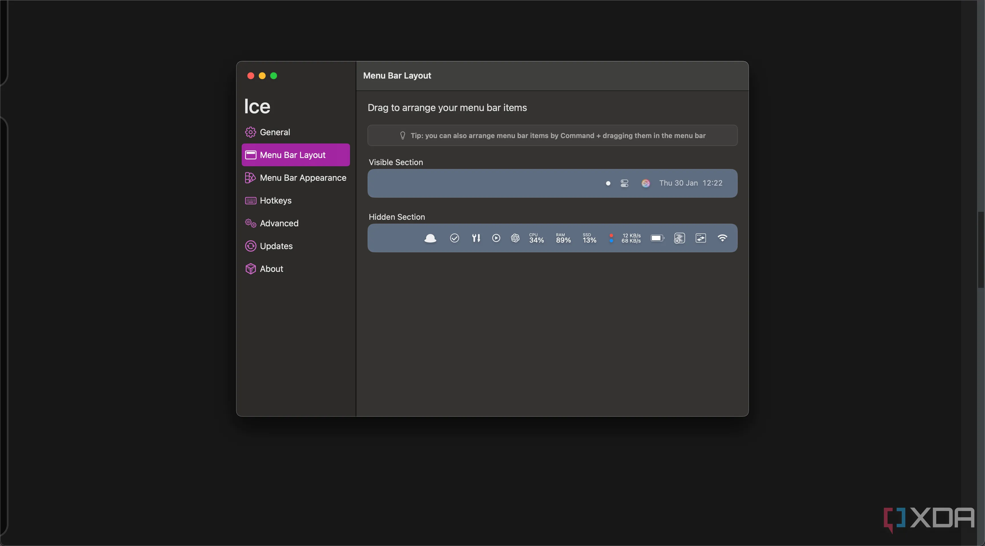 Ứng dụng Ice trên macOS đang tùy chỉnh các biểu tượng trên thanh menu