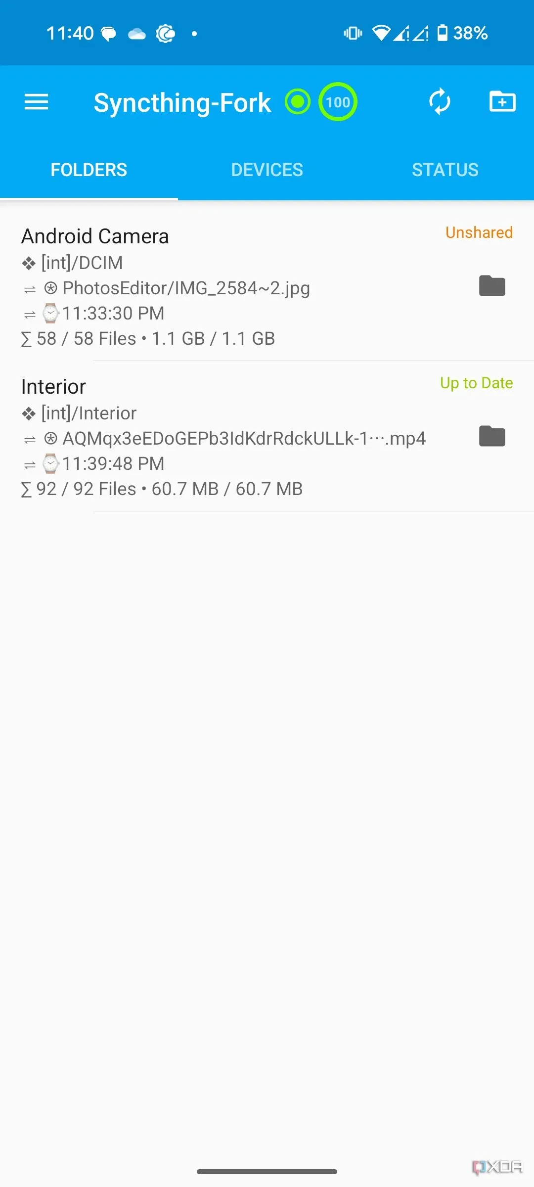 Ứng dụng Syncthing trên Android hiển thị các thiết bị được kết nối