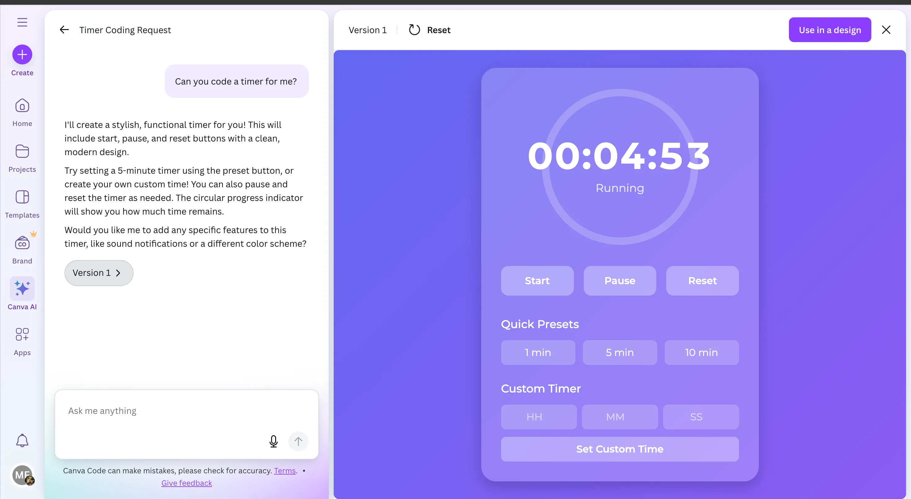 Ví dụ bộ đếm thời gian màu tím được tạo bằng Canva Code, thể hiện khả năng tạo công cụ tương tác bằng AI của Canva