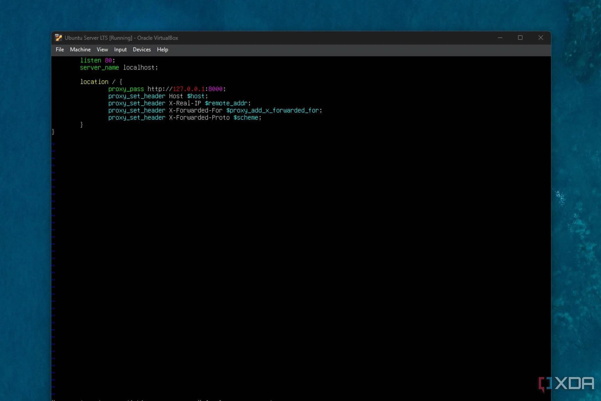 Ví dụ cấu hình Nginx reverse proxy cơ bản trong trình soạn thảo Vim