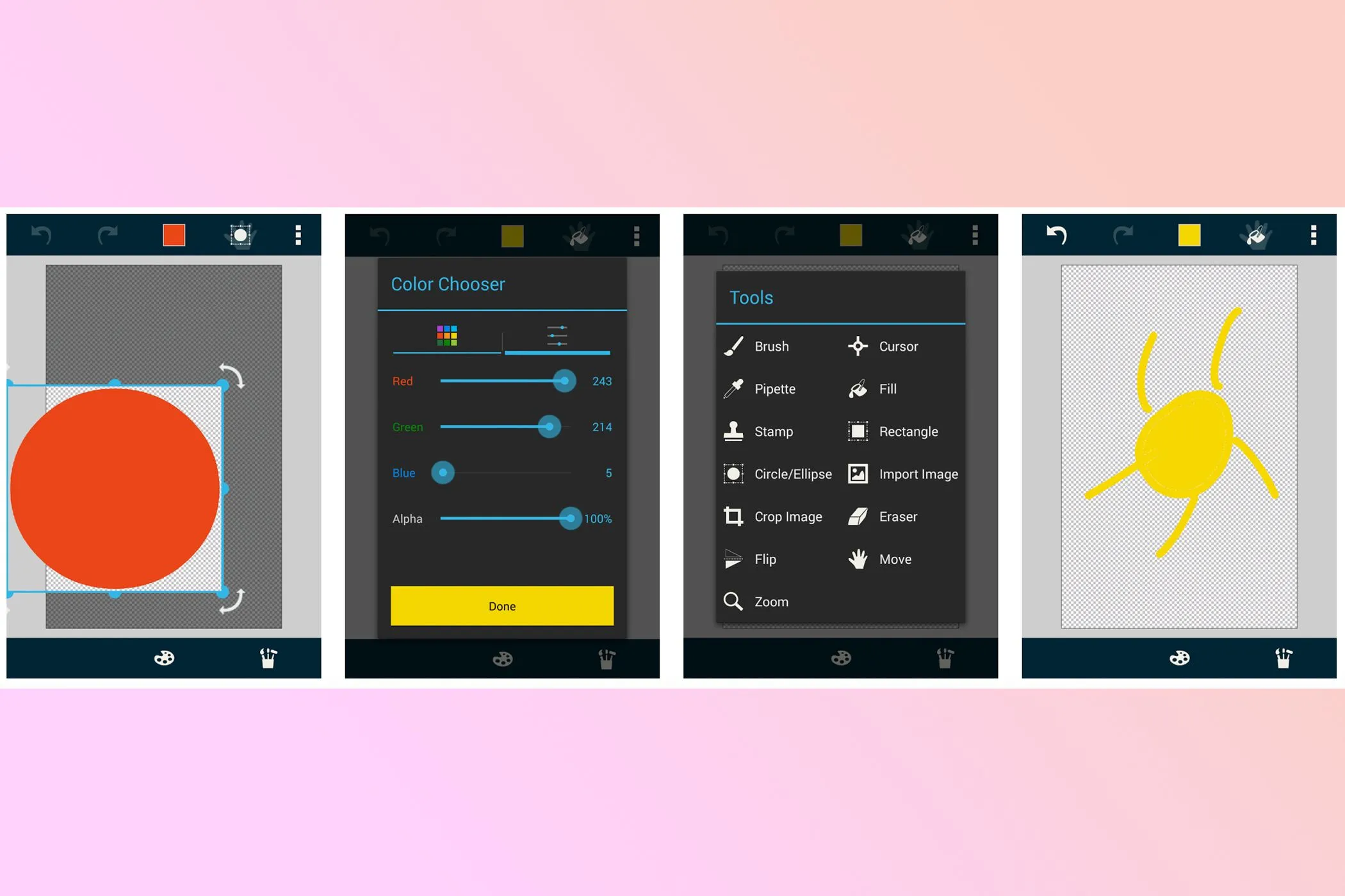 Ví dụ giao diện và các công cụ vẽ của ứng dụng Pocket Paint trên Android