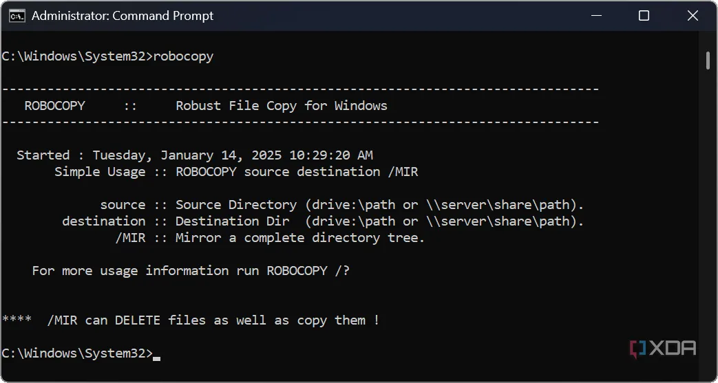 Ví dụ sử dụng lệnh Robocopy để sao chép tệp trong Command Prompt