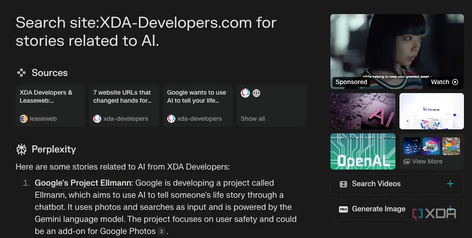 Ví dụ tìm kiếm với toán tử nâng cao trên Perplexity AI: &quot;site:xda-developers.com after:2024-01-01 filetype:pdf&quot;