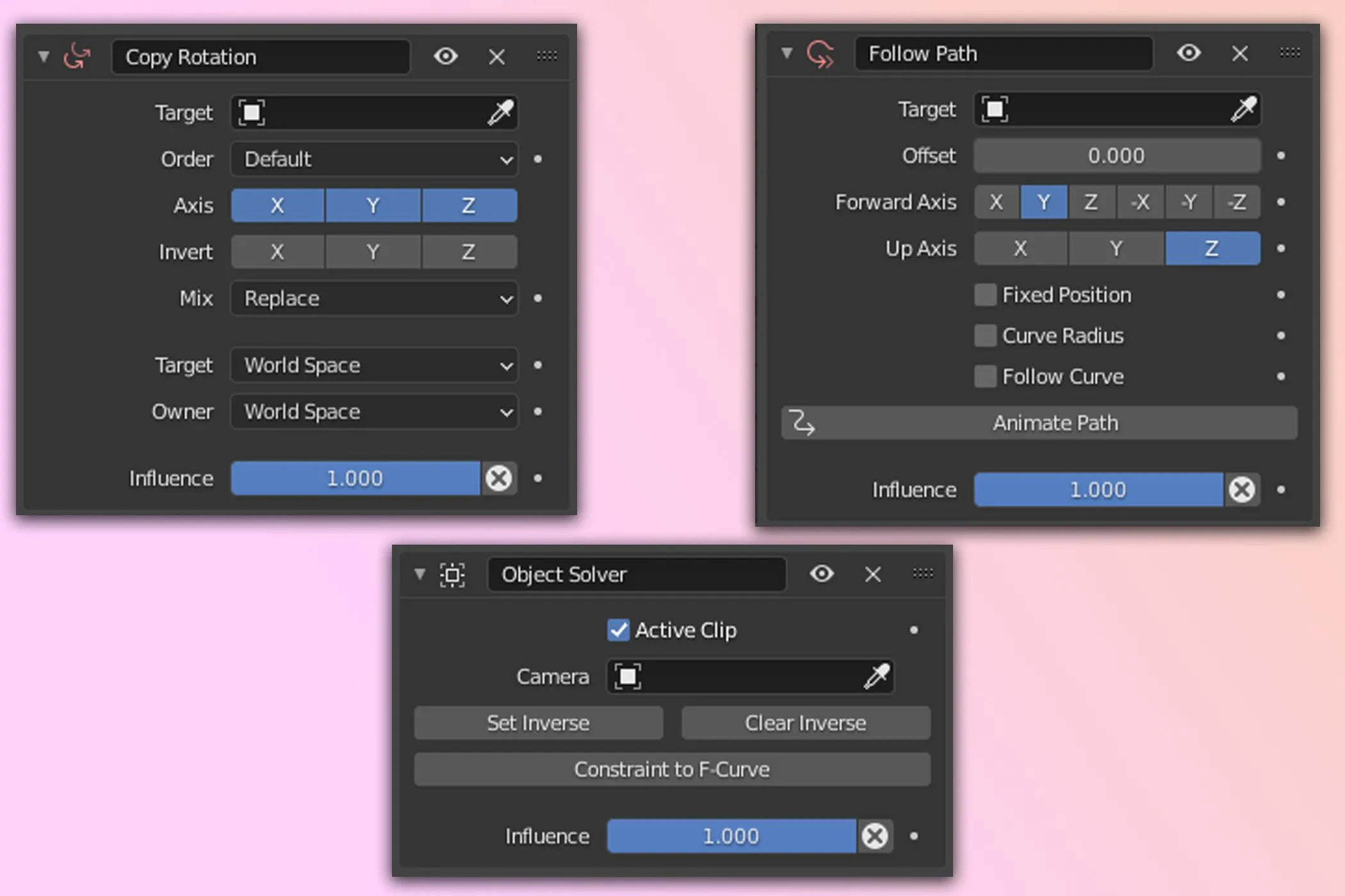 Ví dụ về các loại ràng buộc đối tượng (object constraints) trong Blender, giúp kiểm soát phức tạp các thành phần của rig 3D