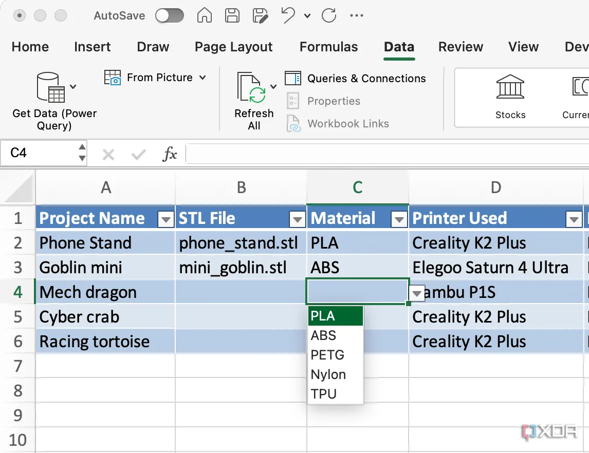 Ví dụ về danh sách thả xuống trong Excel giúp chọn loại vật liệu hoặc trạng thái in 3D, tối ưu hóa nhập liệu và giảm lỗi