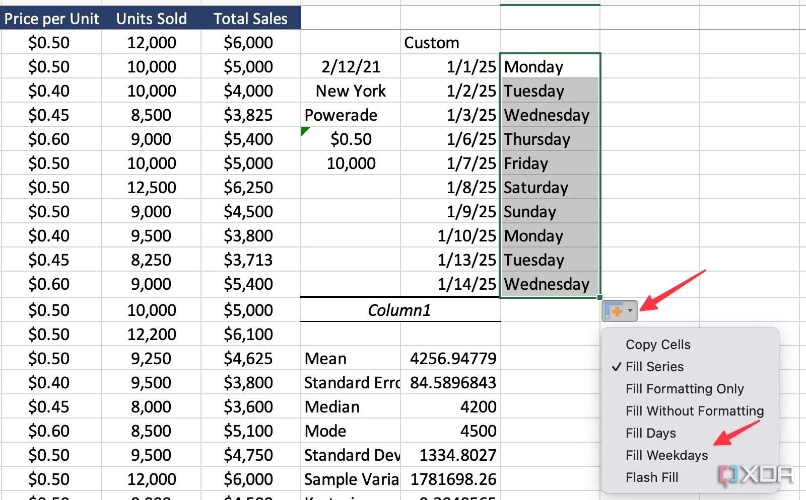Ví dụ về điền dữ liệu tự động theo mẫu trong Excel với các tùy chọn đa dạng