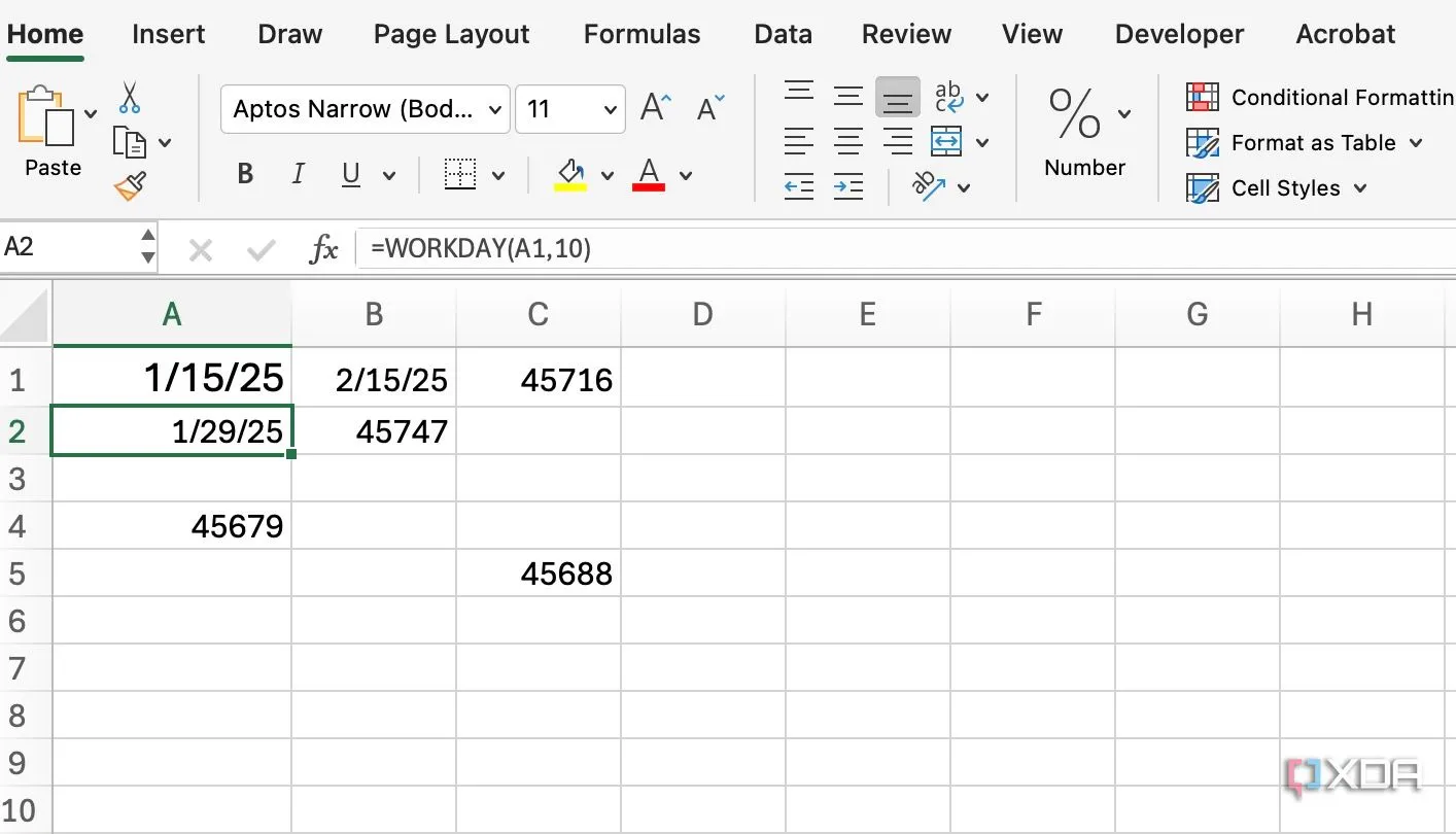 Ví dụ về hàm WORKDAY trong Excel để tính toán chính xác deadline dự án, loại trừ cuối tuần và ngày lễ đã định