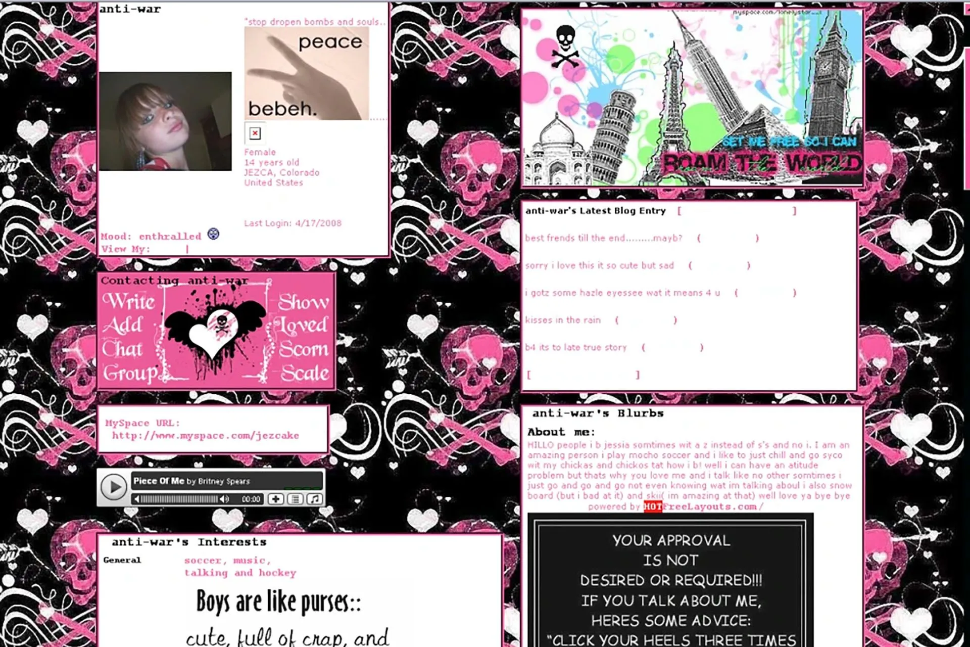 Ví dụ về hồ sơ tùy chỉnh trên MySpace trước khi tái thiết kế, minh họa kỷ nguyên internet cá nhân hóa