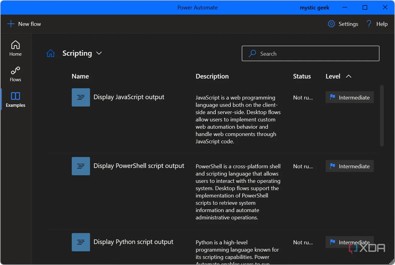 Ví dụ về luồng kịch bản (scripting flow) trong Power Automate trên Windows 11, thể hiện sự linh hoạt tùy chỉnh tác vụ