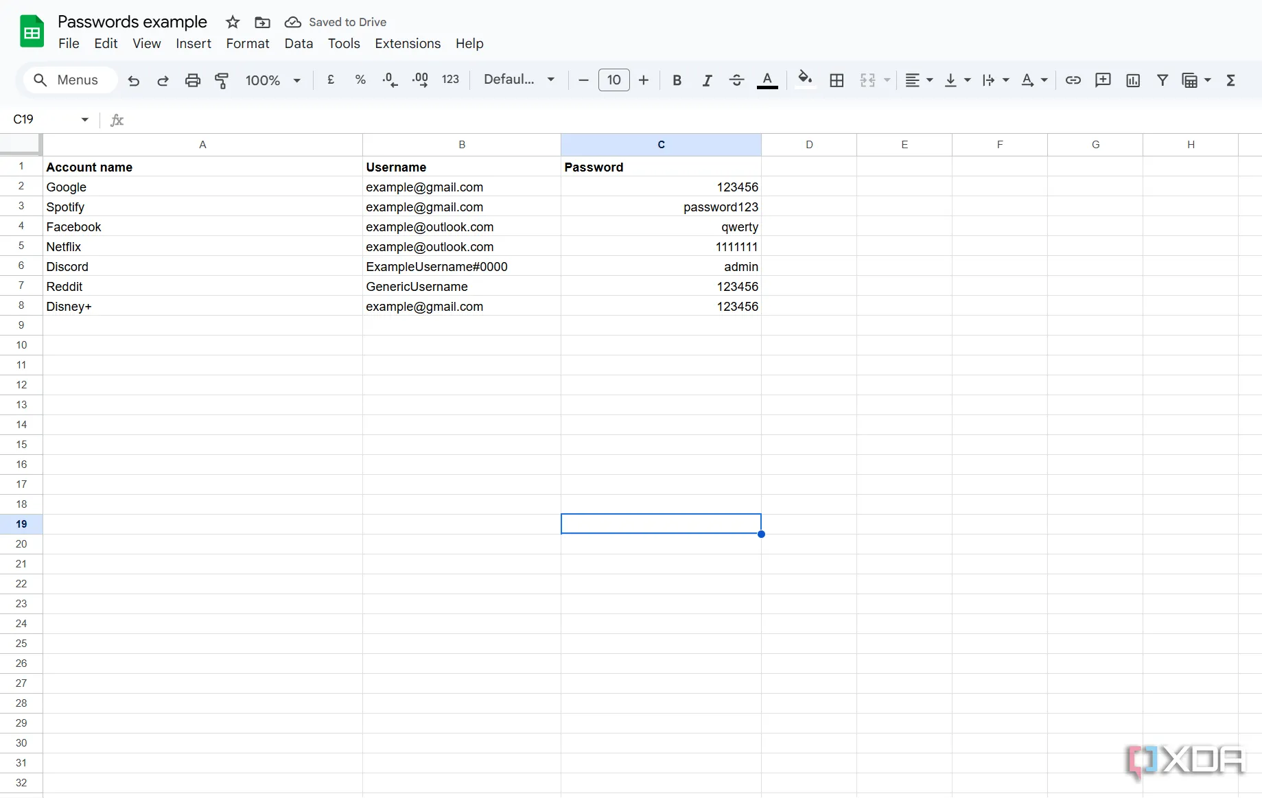 Ví dụ về mật khẩu yếu được lưu trữ dưới dạng văn bản thuần trong Google Sheets