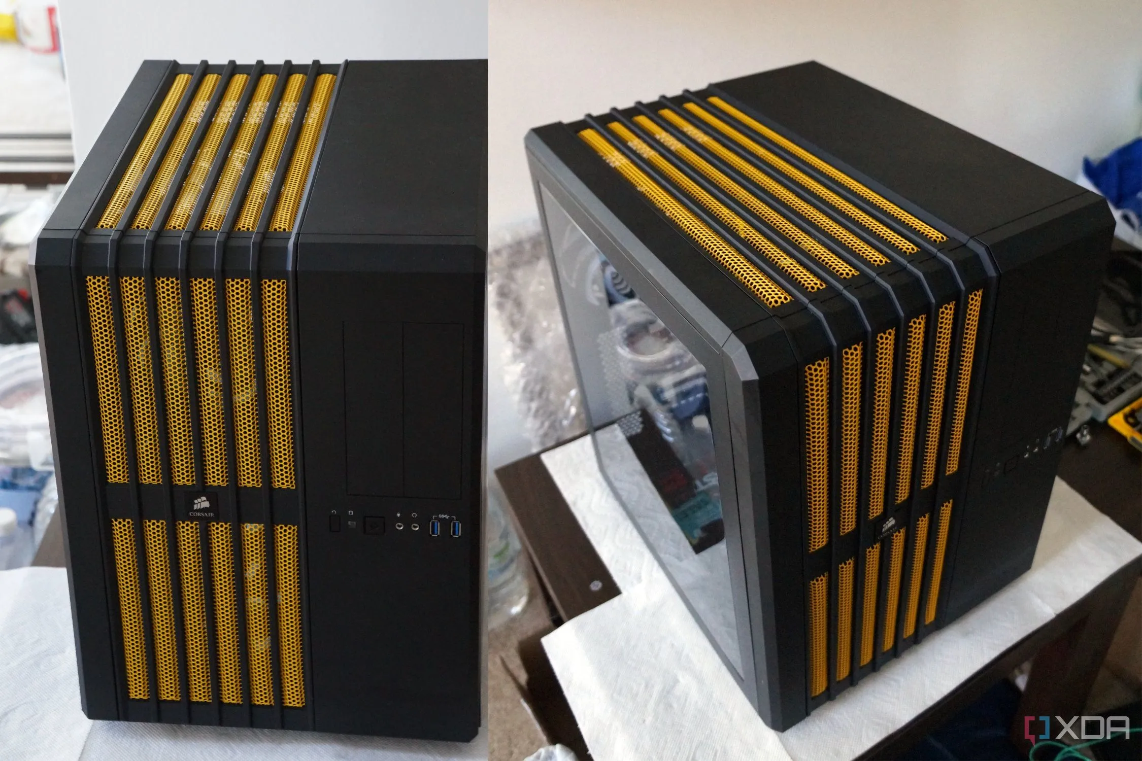 Vỏ case Corsair Air 540 màu vàng từ hai góc nhìn