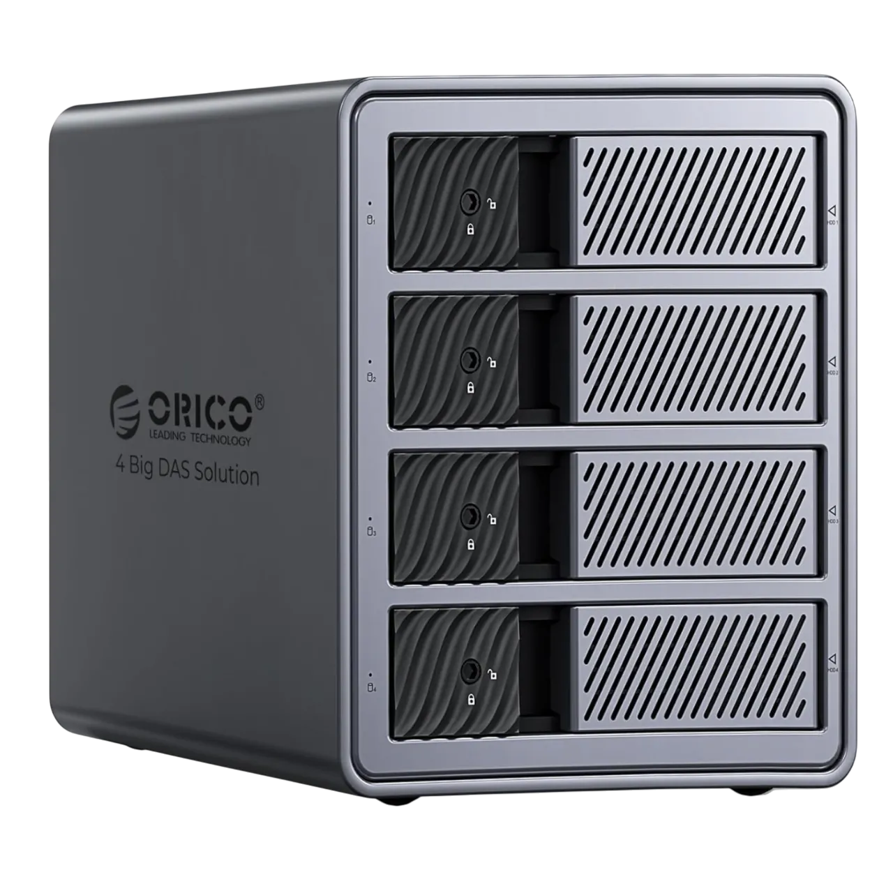Vỏ hộp ổ cứng ORICO 4 khay RAID màu xám, hiển thị các cổng kết nối và logo