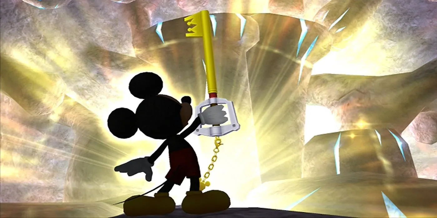Vua Mickey sử dụng Keyblade trong Kingdom Hearts, minh họa sức mạnh biểu tượng của vũ khí này trong việc bảo vệ các thế giới.